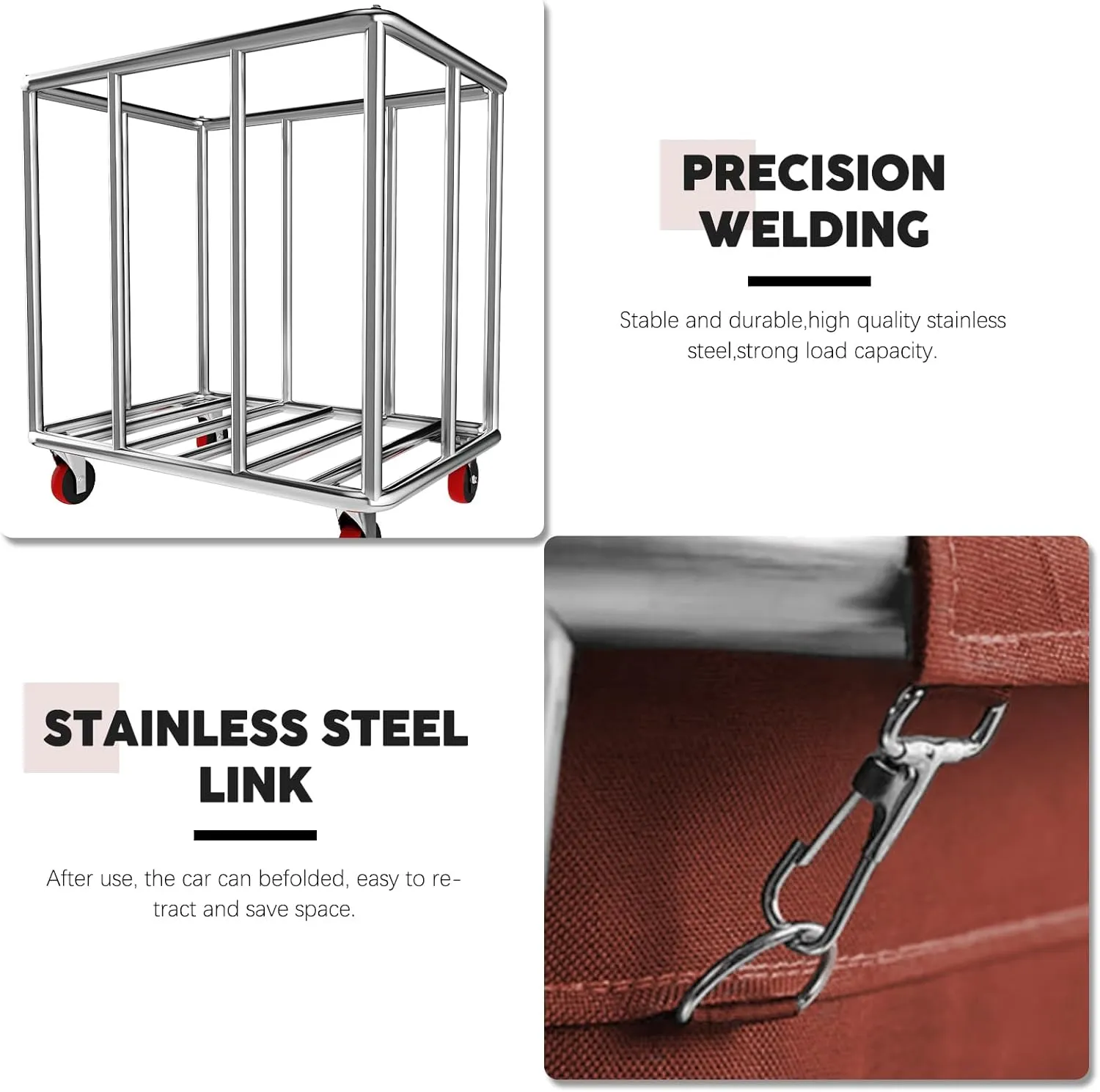 Commercial Laundry Cart on Wheels, 11.35 Bushels Large Roller with Removable Waterproof Canvas Lined Basket, Heavy Duty Stainless Steel for Hotels and Hospitals