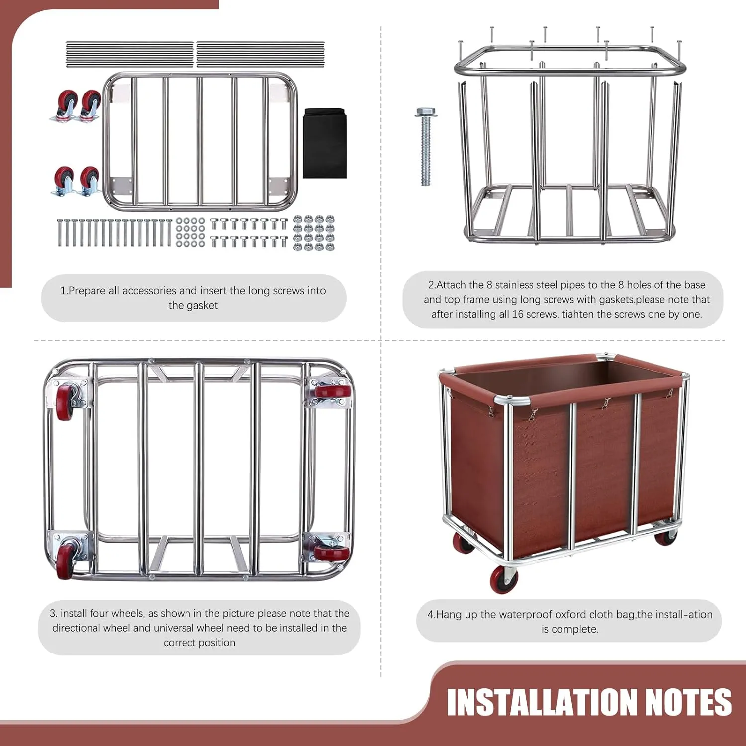 Commercial Laundry Cart on Wheels, 11.35 Bushels Large Roller with Removable Waterproof Canvas Lined Basket, Heavy Duty Stainless Steel for Hotels and Hospitals