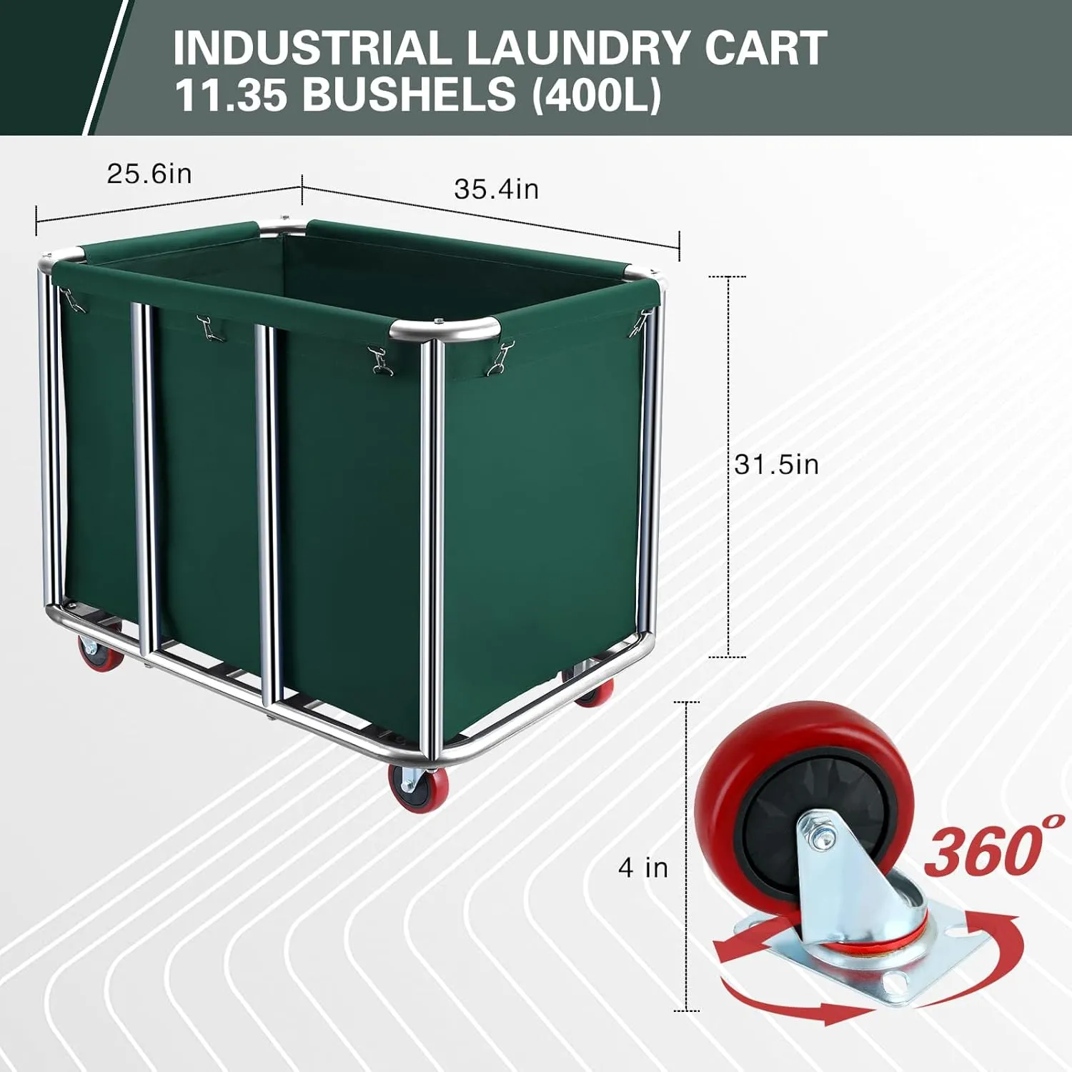 Commercial Laundry Cart with Wheels,11.35 Bushel Commercial Laundry Hamper,Industrial Rolling Laundry Basket with Sturdy Stainless Steel Frame and Oxford Bag for Home Hotel 440 lbs (Blackish Green)