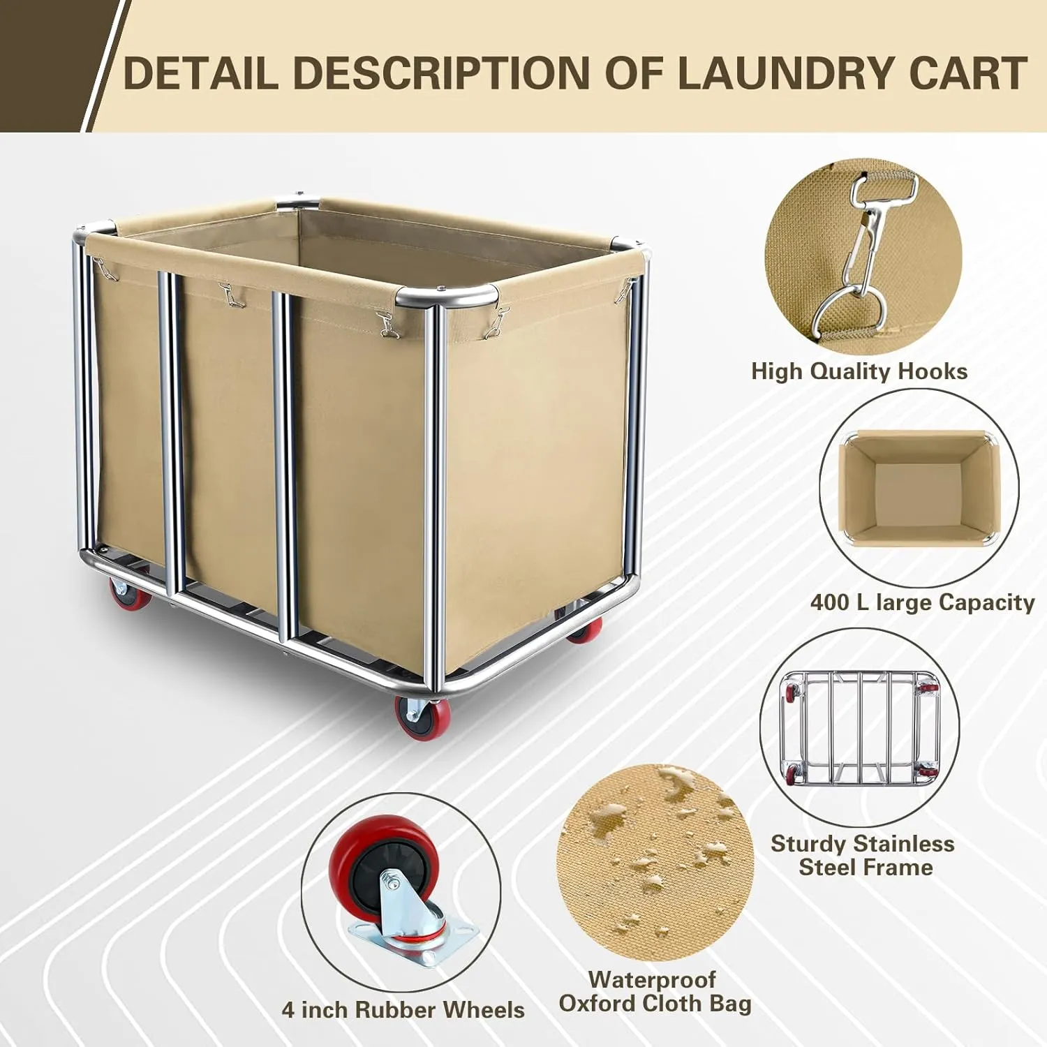 Commercial Laundry Cart with Wheels,400L Large Industrial Laundry Cart,Rolling Laundry Cart with Sturdy Stainless Steel Frame and Oxford Bag for Home Hotel Hospital 440 lbs (Beige)