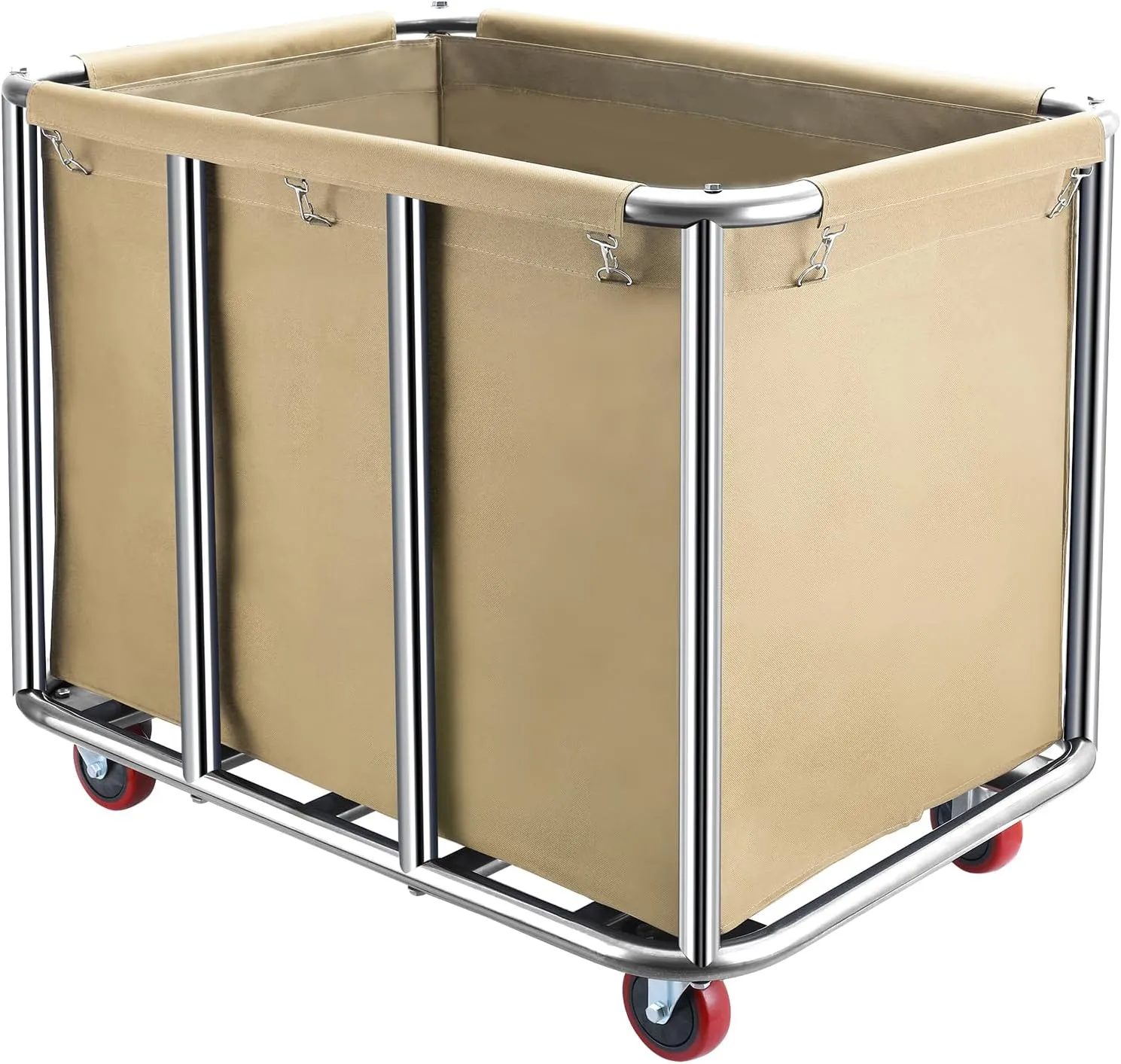 Commercial Laundry Cart with Wheels,400L Large Industrial Laundry Cart,Rolling Laundry Cart with Sturdy Stainless Steel Frame and Oxford Bag for Home Hotel Hospital 440 lbs (Beige)