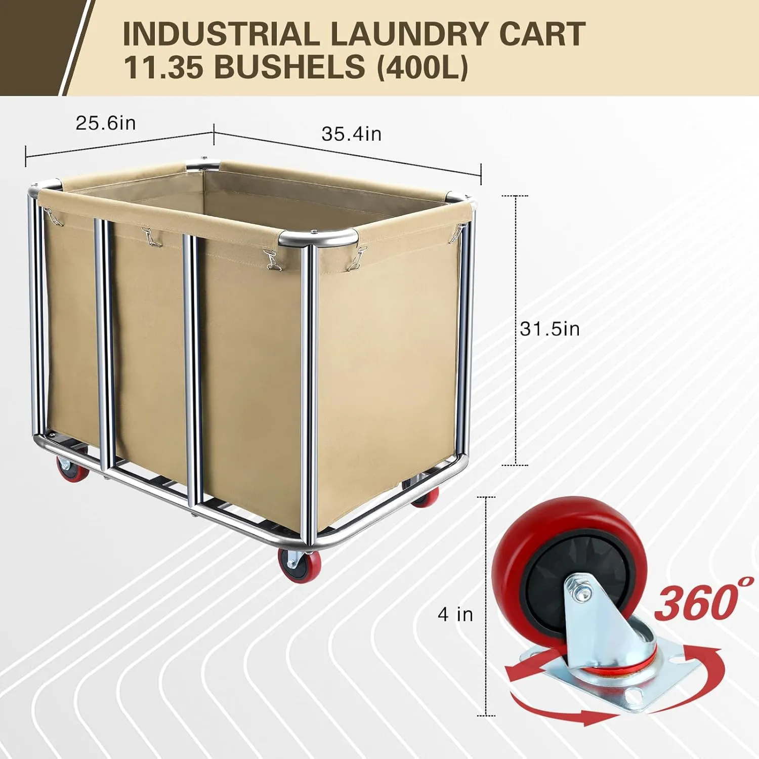 Commercial Laundry Cart with Wheels,400L Large Industrial Laundry Cart,Rolling Laundry Cart with Sturdy Stainless Steel Frame and Oxford Bag for Home Hotel Hospital 440 lbs (Beige)