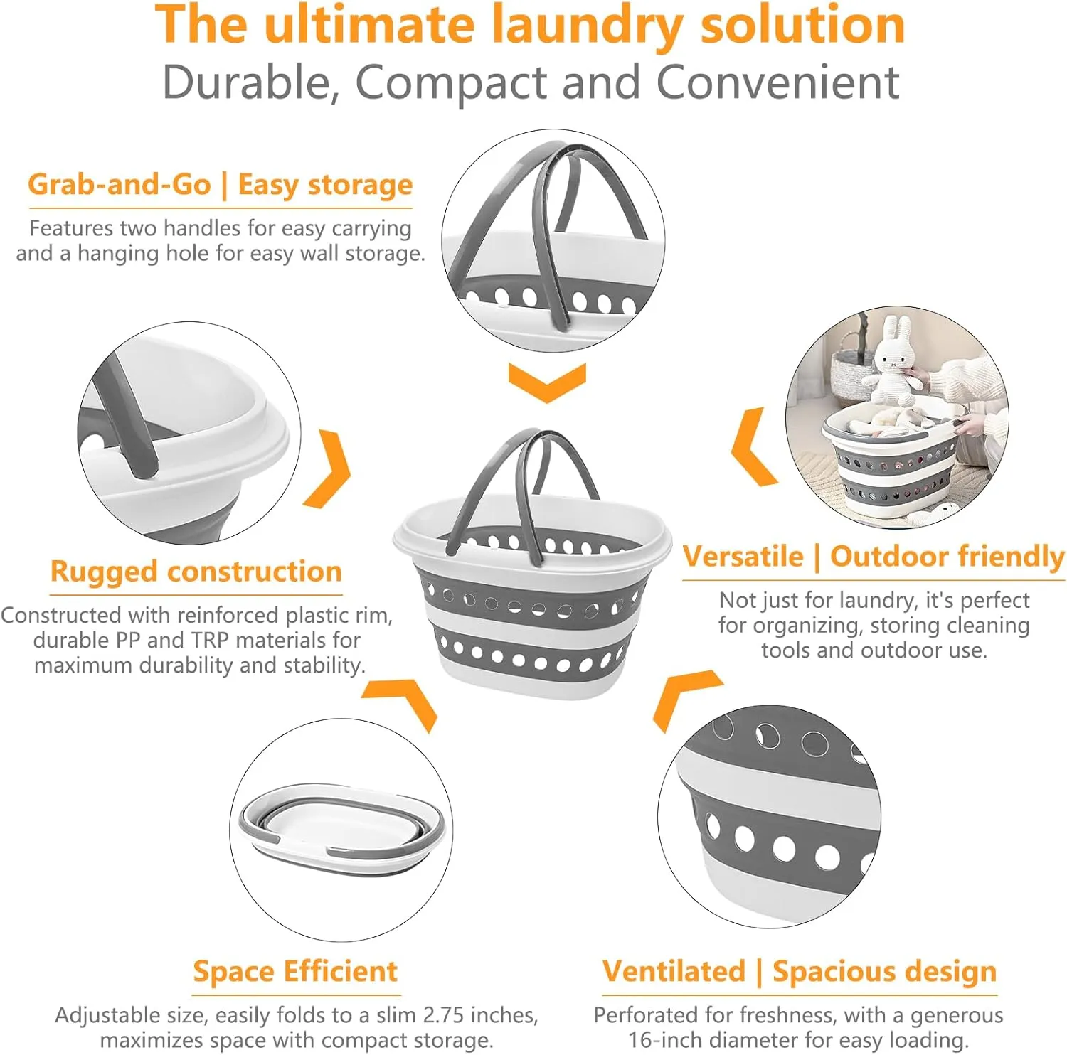 Compact 4.2 Gallon (16L) Collapsible Laundry Basket - Small Size with Handle - Foldable Pop-up Storage Container - Space-Saving Portable Hamper for Sorting Clothes(1,Gray)