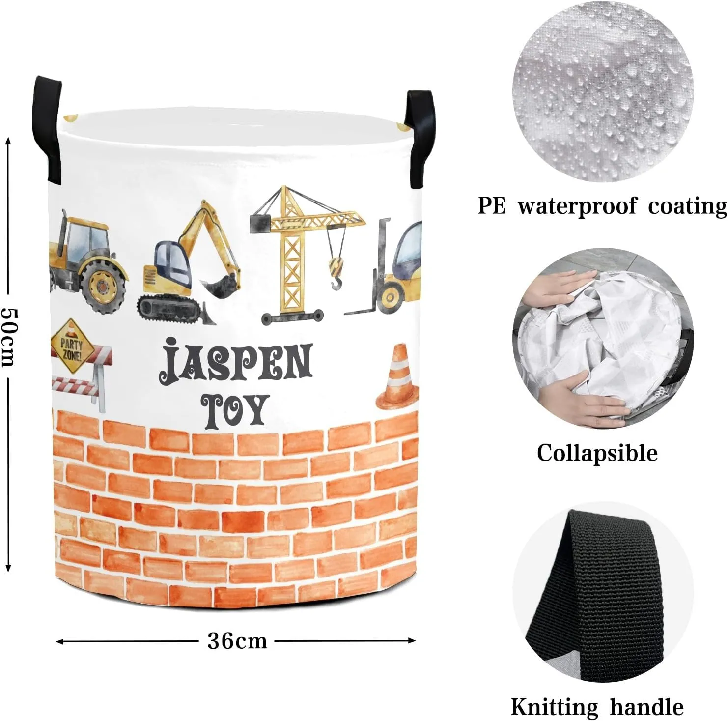 Construction Watercolor Cars Brick Wall Personalized Laundry Basket Laundry Hamper Clothes Bag Collapsible Tall with Handles,Waterproof,Storage Baskets for Bathroom College Dorm Family Essentials