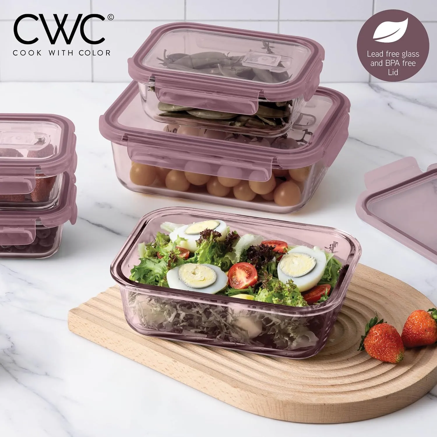 COOK WITH COLOR Premium 10-Pc. Colored Glass Food Container Set - 5 Rectangles - Leakproof Lids - Meal Prep, Storage, Pink