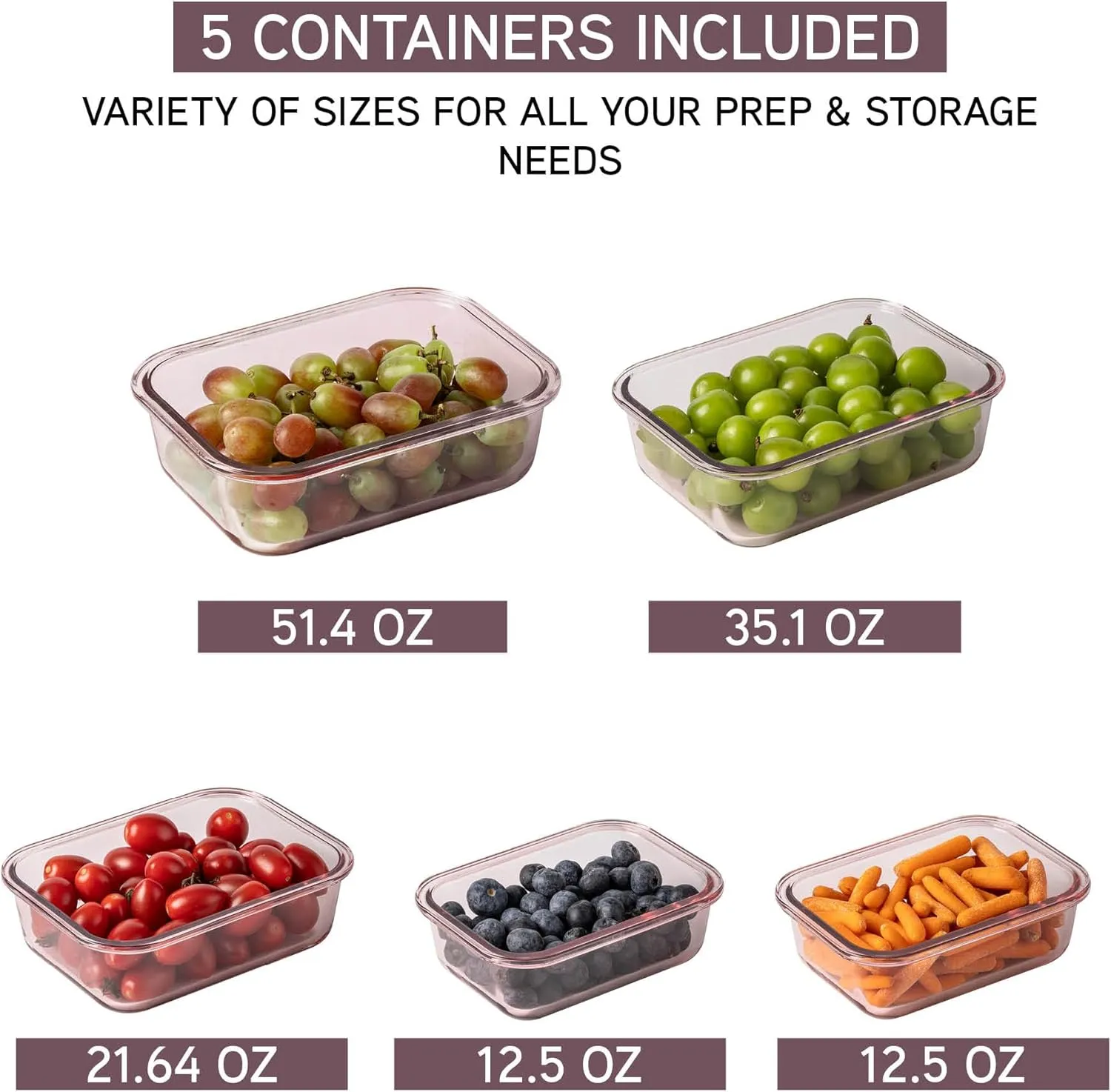 COOK WITH COLOR Premium 10-Pc. Colored Glass Food Container Set - 5 Rectangles - Leakproof Lids - Meal Prep, Storage, Pink