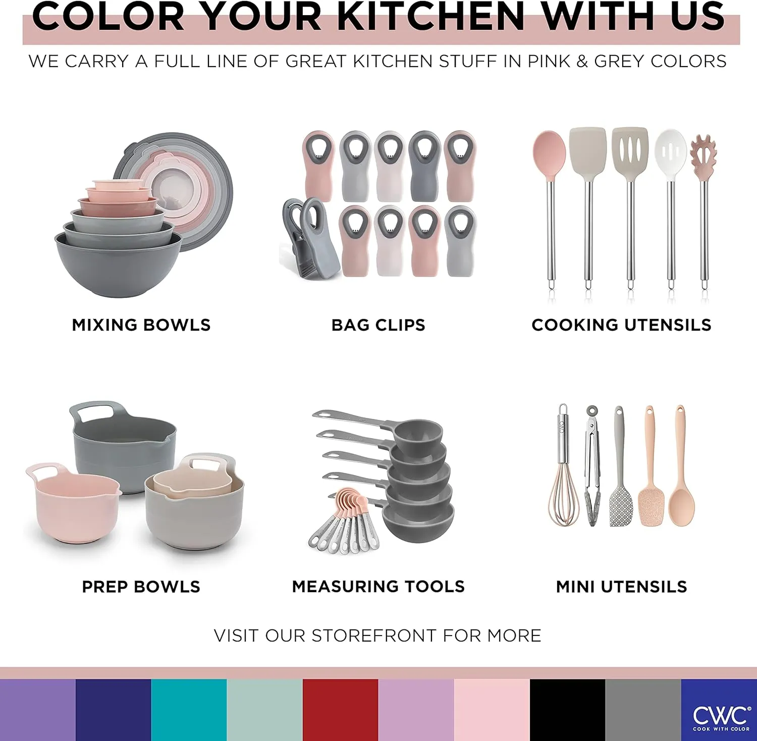 COOK WITH COLOR Prep Bowls with Lids- Wide and Deep Nesting Plastic Small Mixing Bowl Set with Lids, 8 Piece Set - Deep Bowls, Grey/Pink