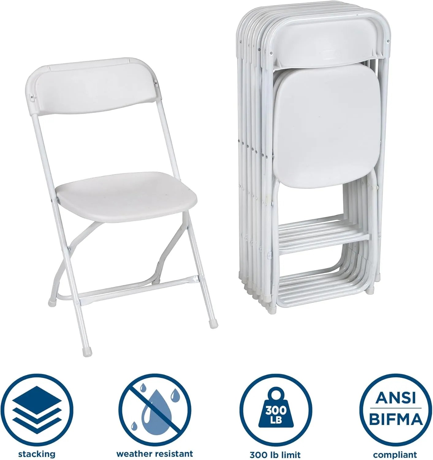COSCO ZOWN Commercial 300 lb. Use Rate Heavy Duty, Injection Mold Banquet Folding Chair with Comfortable Contoured Back, White, 8 Pack
