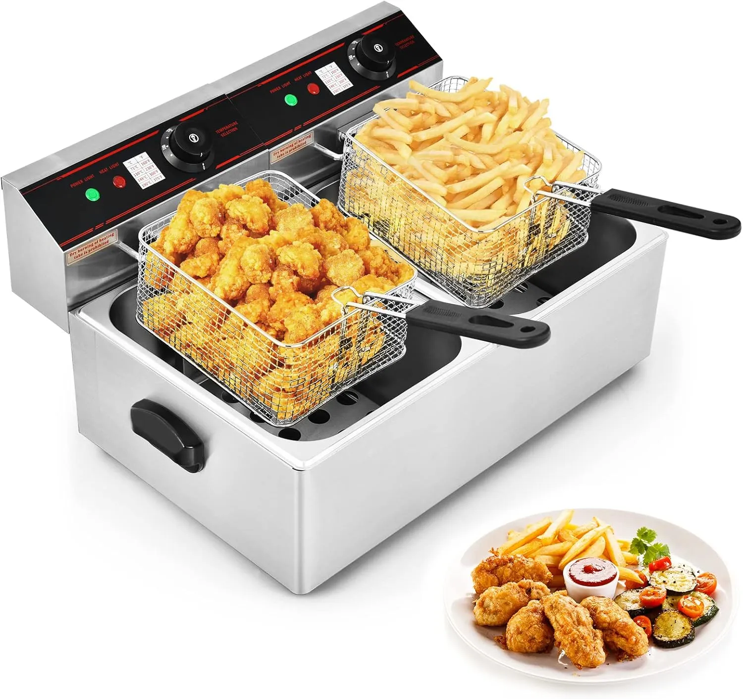COSTWAY Commercial Deep Fryer, 5000W Electric Countertop Fryer with Dual Large Tanks, 2 Baskets & 2 Lids, Stainless Steel Hot Oil Cooker with Adjustable Temp for French Fries, Chicken, Shrimp & Chip
