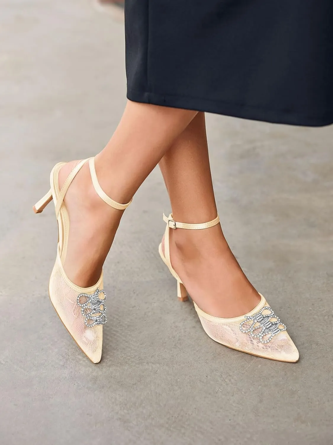 Coutgo Womens Rhinestone High Heels Closed Pionted Toe Bow Mesh Pumps Ankle Strap Wedding Bride Dress Shoes