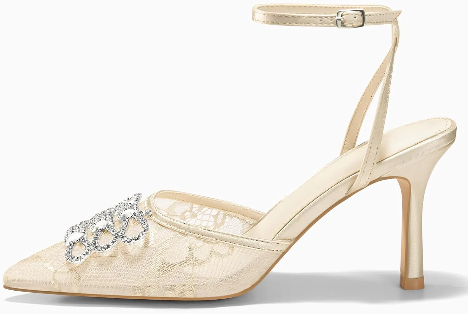 Coutgo Womens Rhinestone High Heels Closed Pionted Toe Bow Mesh Pumps Ankle Strap Wedding Bride Dress Shoes