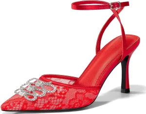 Coutgo Womens Rhinestone High Heels Closed Pionted Toe Bow Mesh Pumps Ankle Strap Wedding Bride Dress Shoes