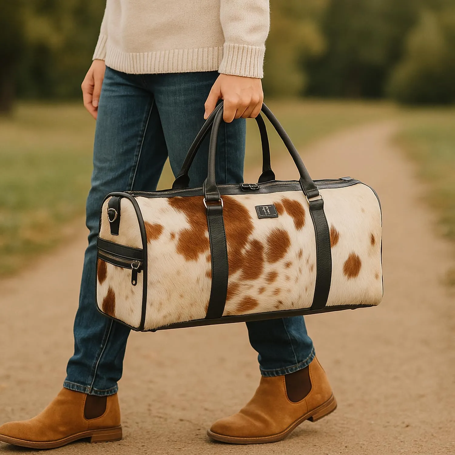 Cowhide Leather Duffle Bag for Men and Women - Genuine Leather Gym Duffle Bag, Weekend Overnight Travel Bag (Brown)