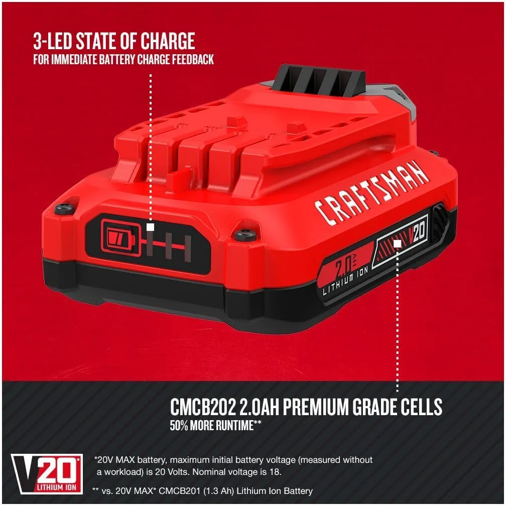 CRAFTSMAN V20 Lithium Ion Battery, 2.0-Amp Hour, 2 Pack (CMCB202-2)