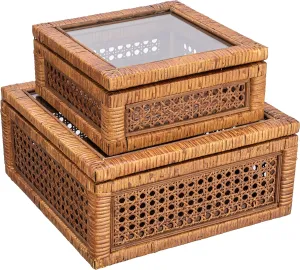 Creative Co-Op Modern Decorative Square Woven Rattan and Wood Display Boxes with Glass Top, Set of 2 Sizes, Dark Brown Finish