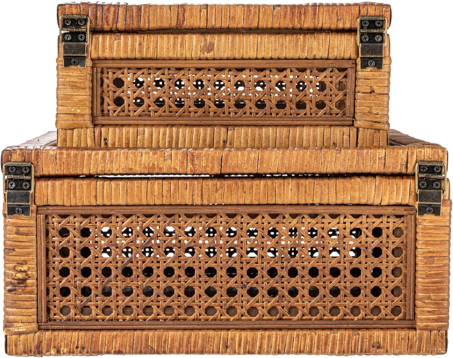 Creative Co-Op Modern Decorative Square Woven Rattan and Wood Display Boxes with Glass Top, Set of 2 Sizes, Dark Brown Finish