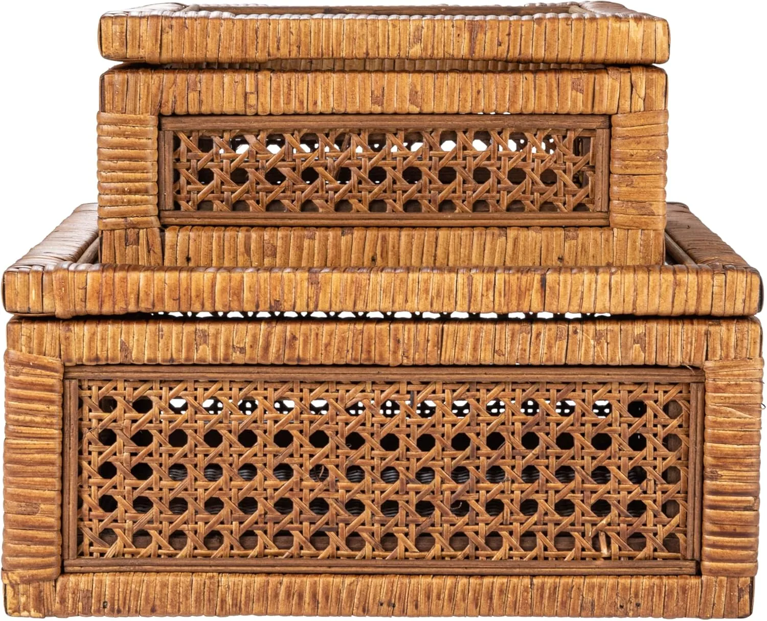 Creative Co-Op Modern Decorative Square Woven Rattan and Wood Display Boxes with Glass Top, Set of 2 Sizes, Dark Brown Finish