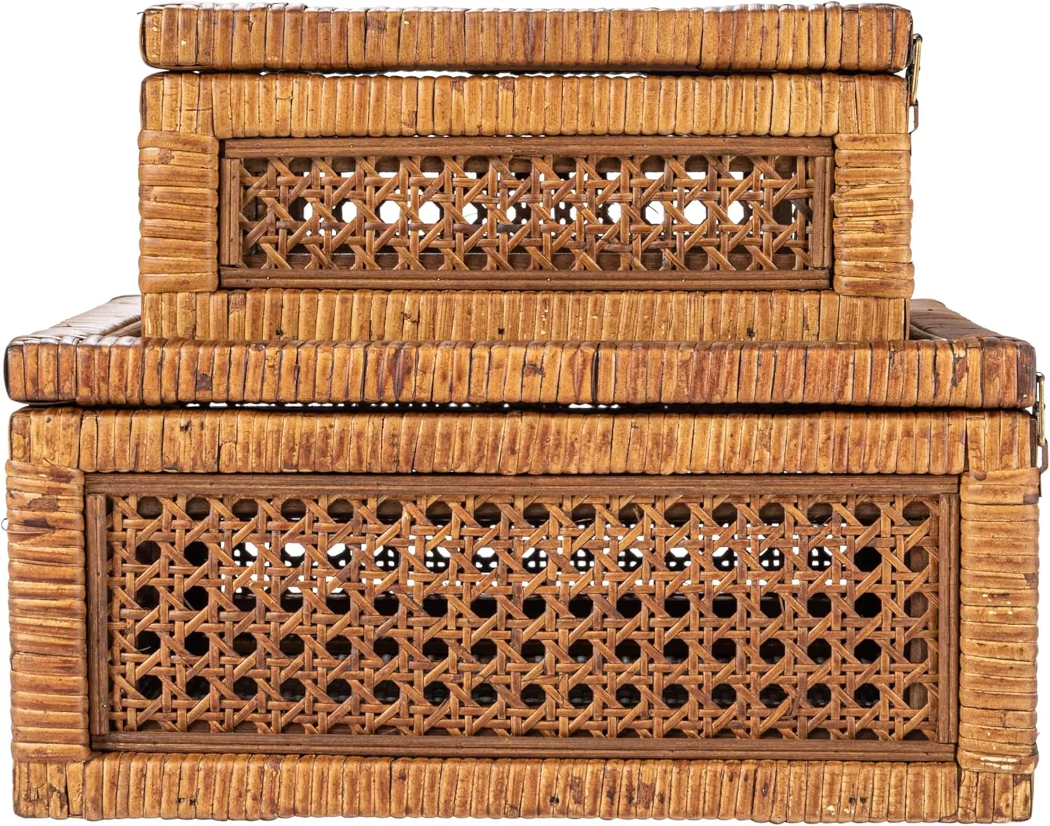 Creative Co-Op Modern Decorative Square Woven Rattan and Wood Display Boxes with Glass Top, Set of 2 Sizes, Dark Brown Finish