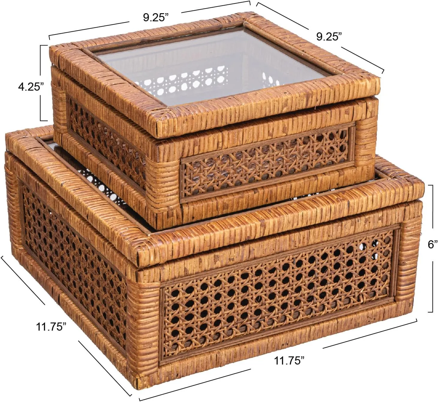 Creative Co-Op Modern Decorative Square Woven Rattan and Wood Display Boxes with Glass Top, Set of 2 Sizes, Dark Brown Finish