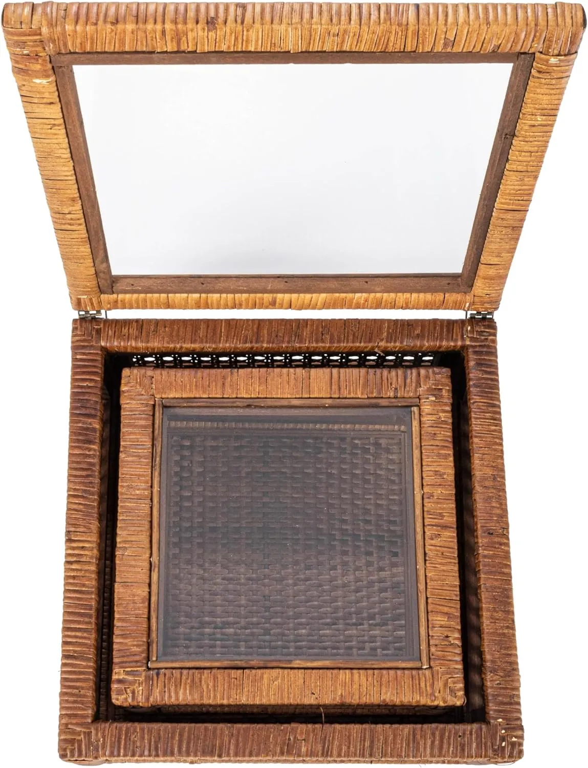 Creative Co-Op Modern Decorative Square Woven Rattan and Wood Display Boxes with Glass Top, Set of 2 Sizes, Dark Brown Finish