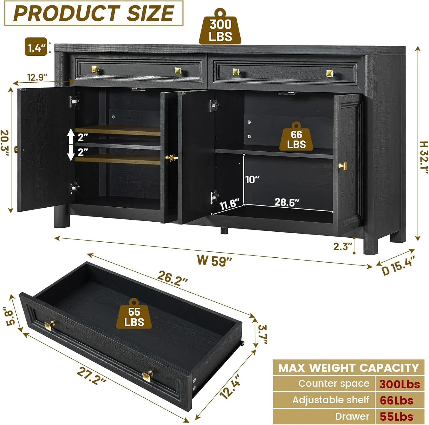 Credenza Storage Cabinet with 4 Doors and 2 Drawers, 59" Large Sideboard Buffet Cabinet, 32.1'' Tall Wood Buffet Table Coffee Bar Console Cabinets for Living Dining Room, Black