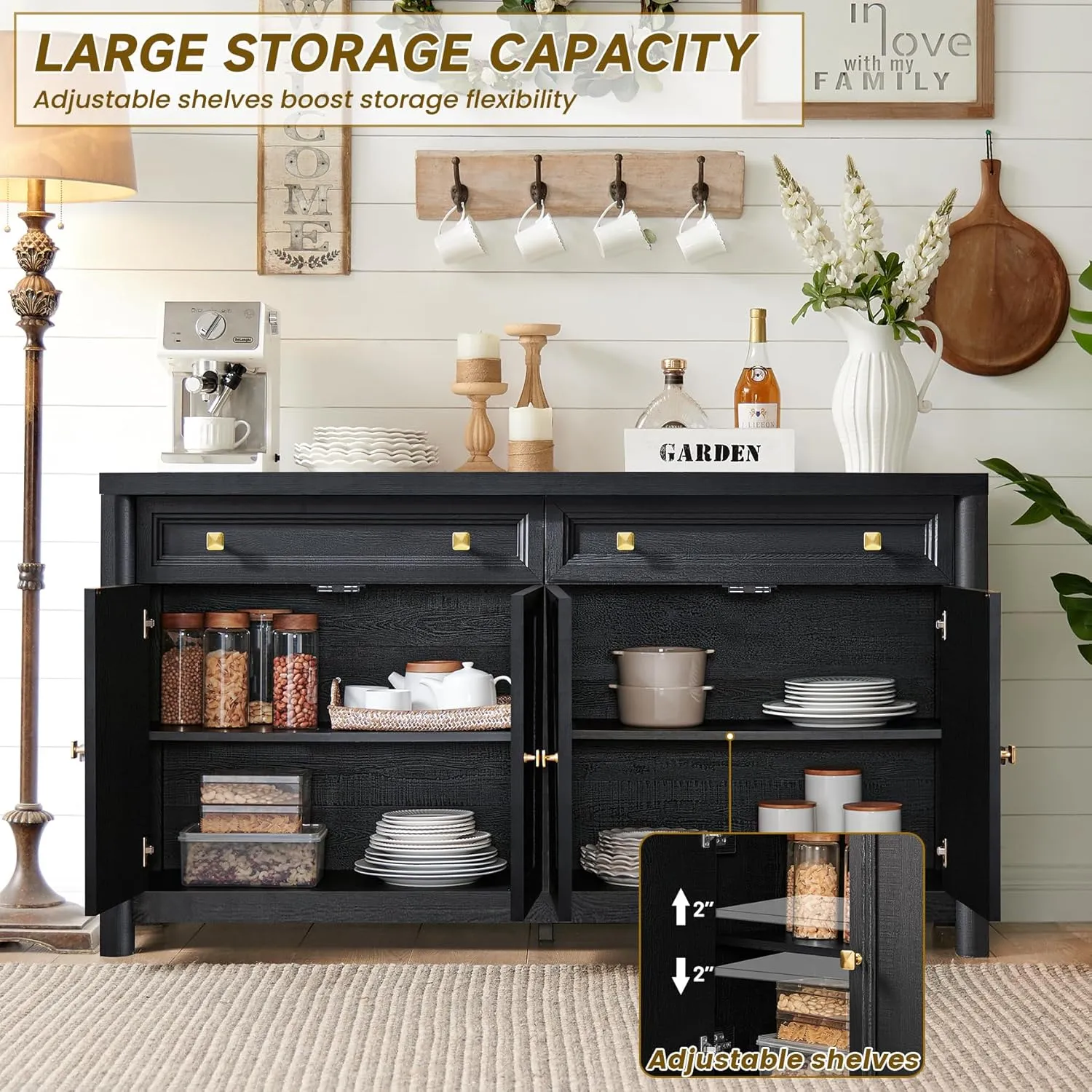 Credenza Storage Cabinet with 4 Doors and 2 Drawers, 59" Large Sideboard Buffet Cabinet, 32.1'' Tall Wood Buffet Table Coffee Bar Console Cabinets for Living Dining Room, Black