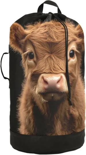 Cure Highland Cow Laundry Bag Backpack with Adjustable Shoulder Straps, Oxford Hamper Bag Drawstring Closure for College Travel 80L