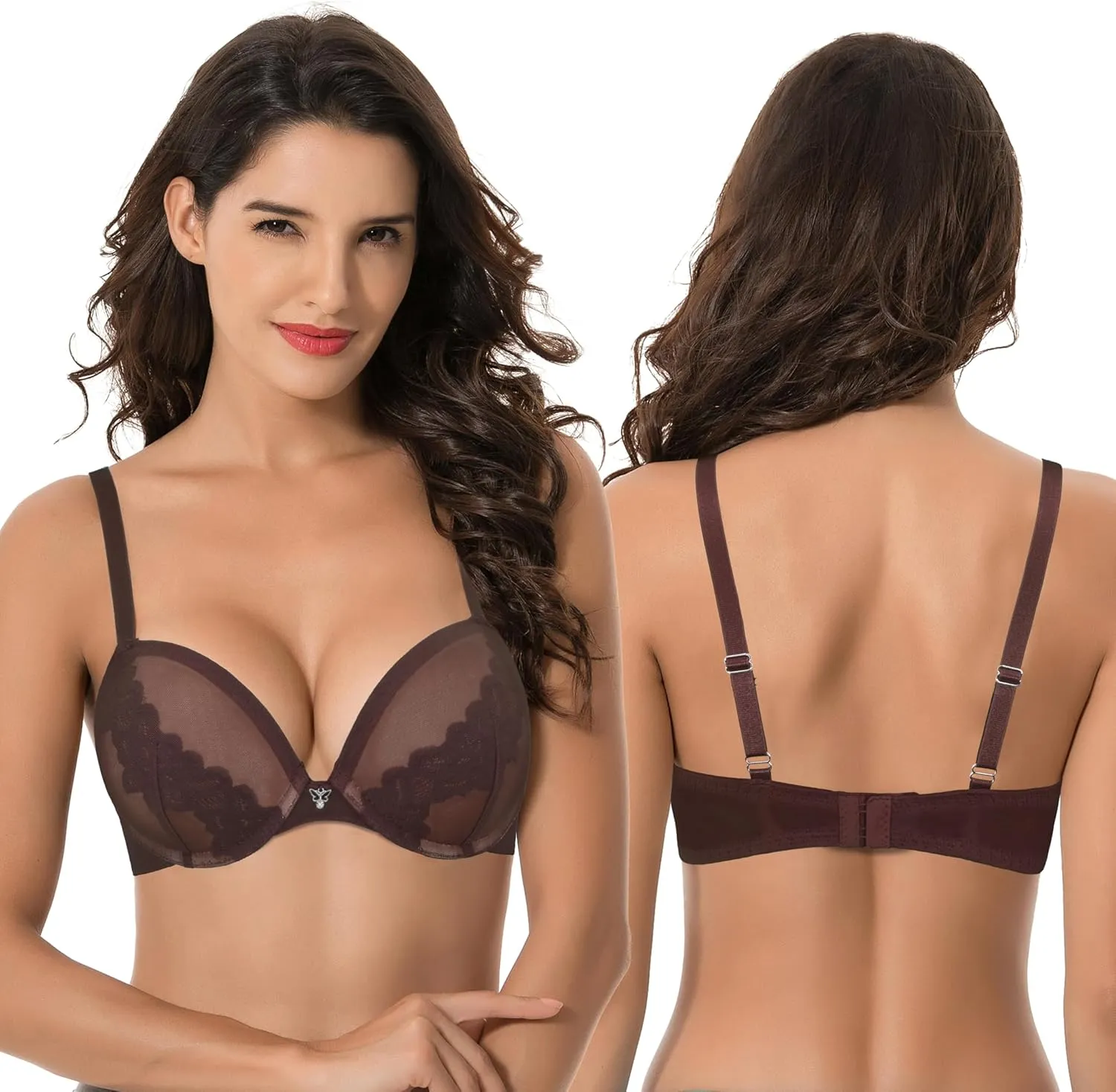 Curve Muse Women's Plus Size Push Up Add 1 and a Half Cup Underwire Mesh Bra