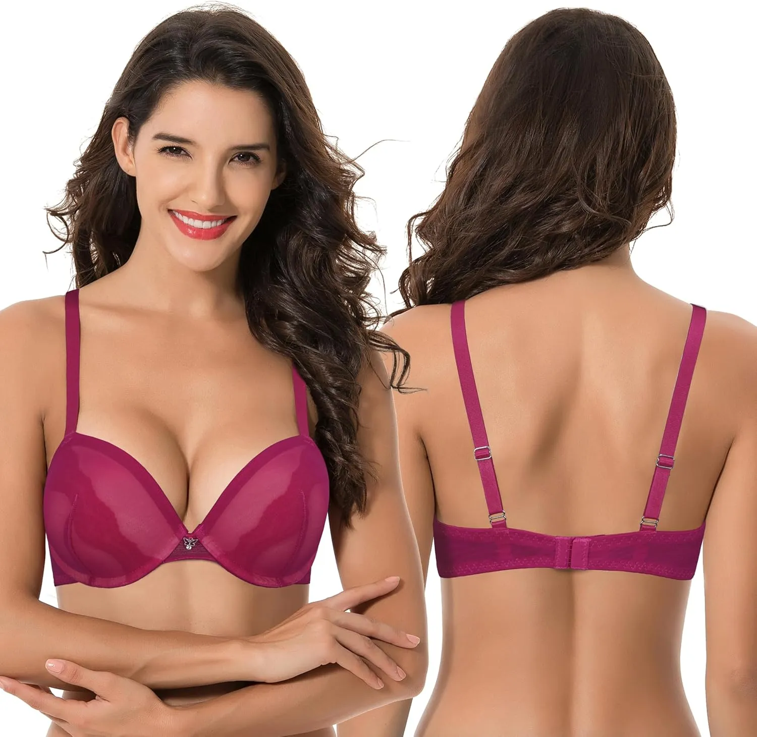 Curve Muse Women's Plus Size Push Up Add 1 and a Half Cup Underwire Mesh Bra