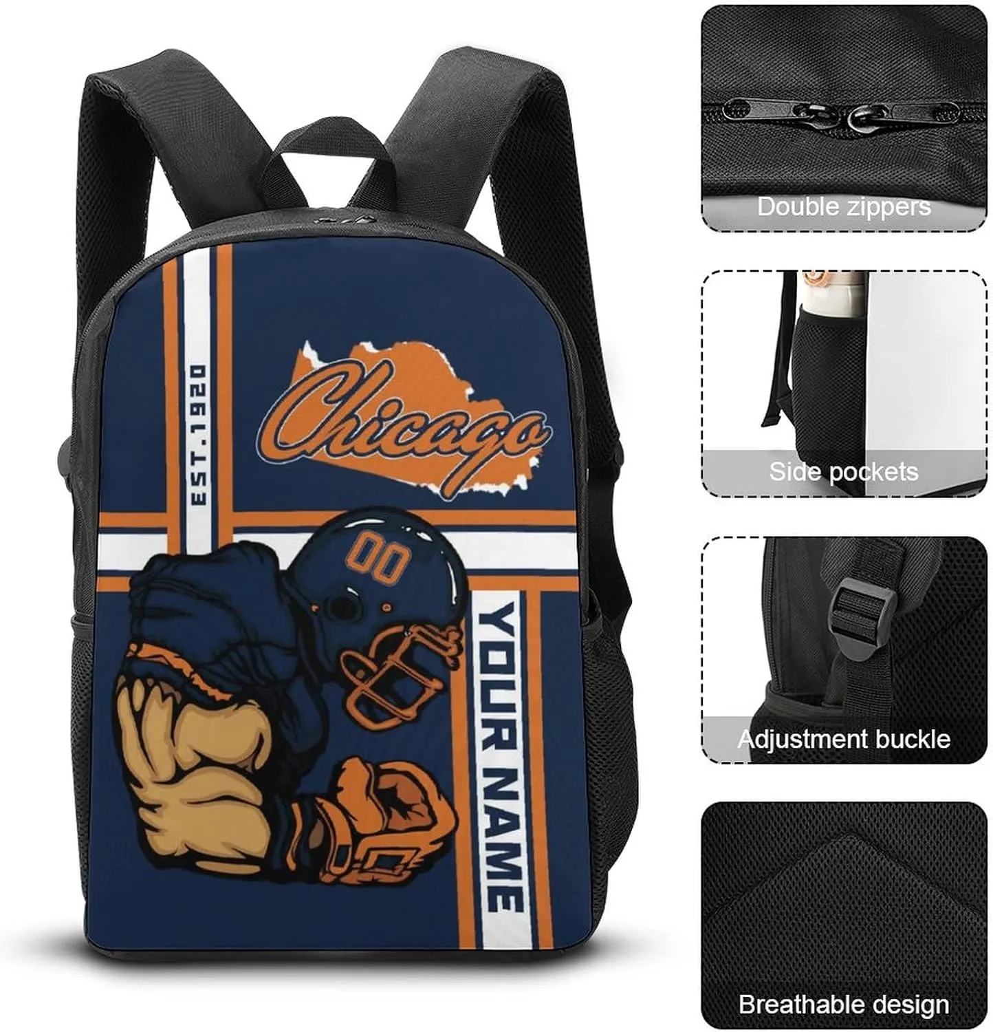 Custom Shoulder Chicago Backpack Personalized Any Name Number 17 Inch Large Capacity Laptop Bag Bookbag Gifts for Men Women
