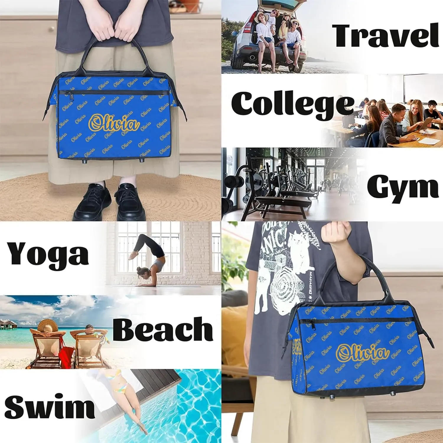Custom Sport Duffel Bags Personalized Travel Overnight Bag Waterproof Dance Bag Lightweight Carry-On Tote for Women Men 15.2in, Blue Yellow