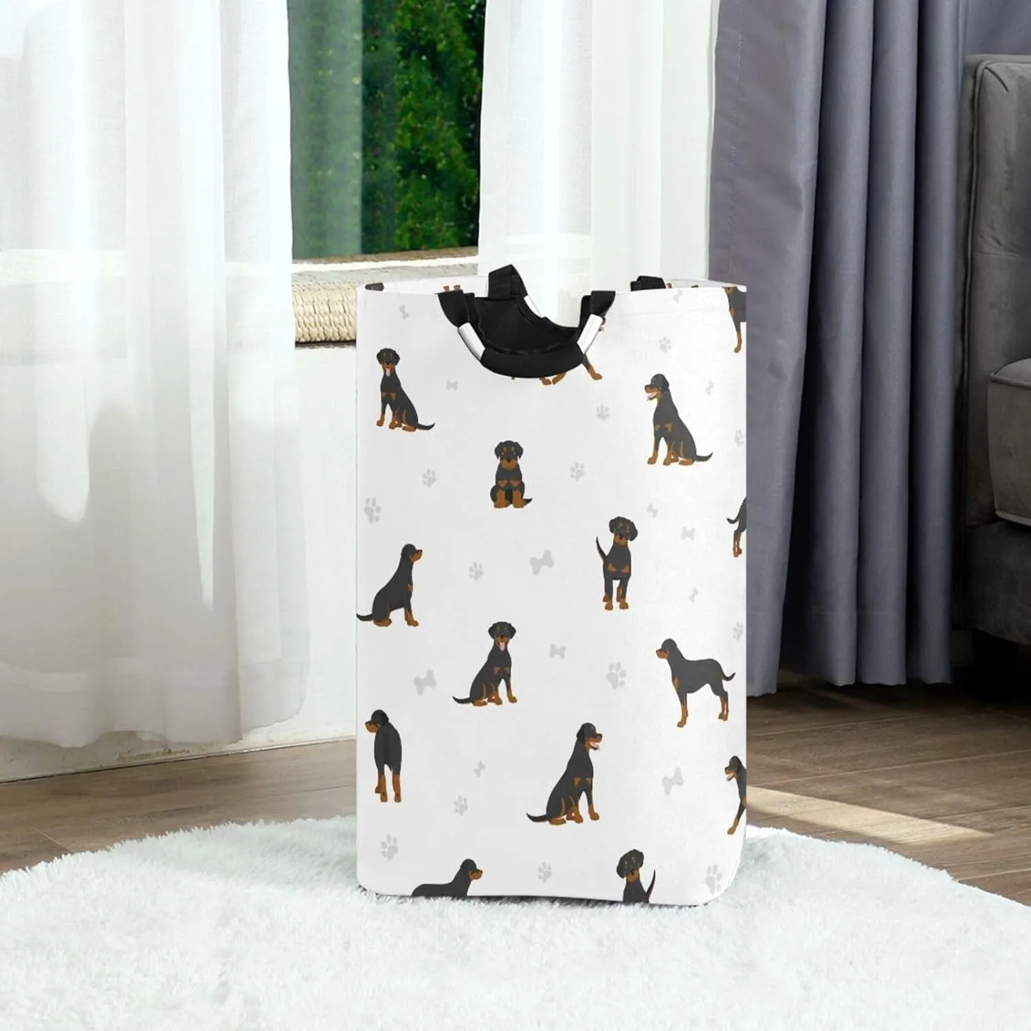 Cute Brown Black Rottweiler Dog Large Laundry Baskets Washing Hamper Bag Footprint Puppy Dirty Clothes Storage Bin Toy book Clothing Holder With Handles For Home Bathroom Bedroom 50L
