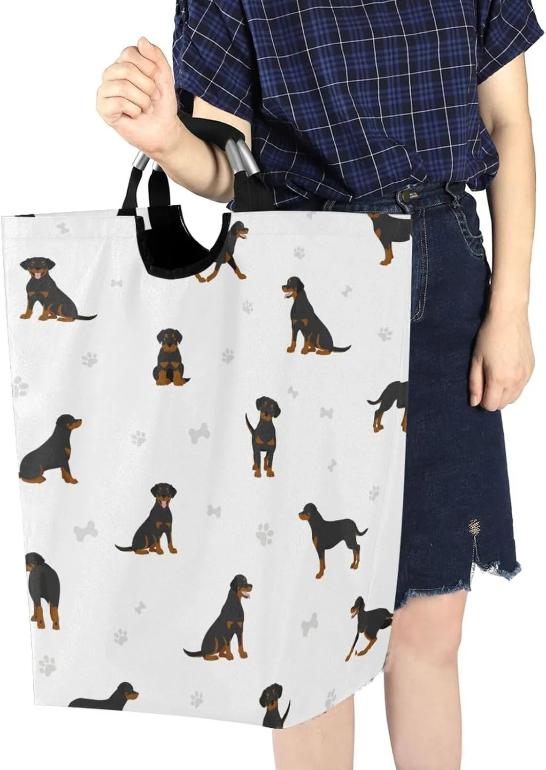 Cute Brown Black Rottweiler Dog Large Laundry Baskets Washing Hamper Bag Footprint Puppy Dirty Clothes Storage Bin Toy book Clothing Holder With Handles For Home Bathroom Bedroom 50L