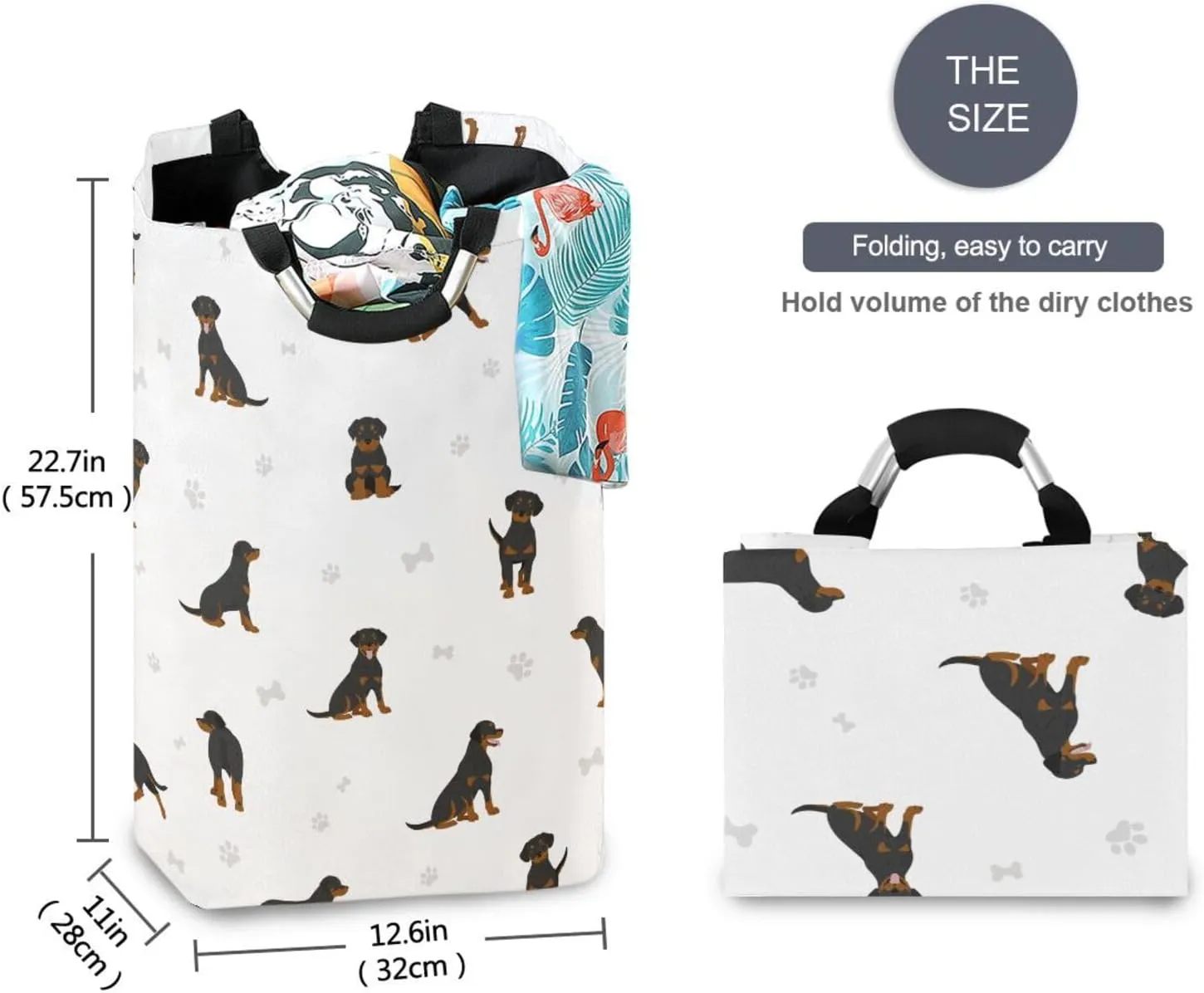 Cute Brown Black Rottweiler Dog Large Laundry Baskets Washing Hamper Bag Footprint Puppy Dirty Clothes Storage Bin Toy book Clothing Holder With Handles For Home Bathroom Bedroom 50L