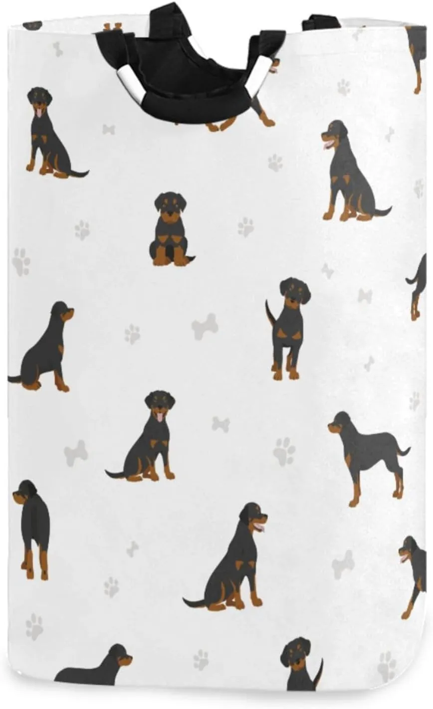 Cute Brown Black Rottweiler Dog Large Laundry Baskets Washing Hamper Bag Footprint Puppy Dirty Clothes Storage Bin Toy book Clothing Holder With Handles For Home Bathroom Bedroom 50L