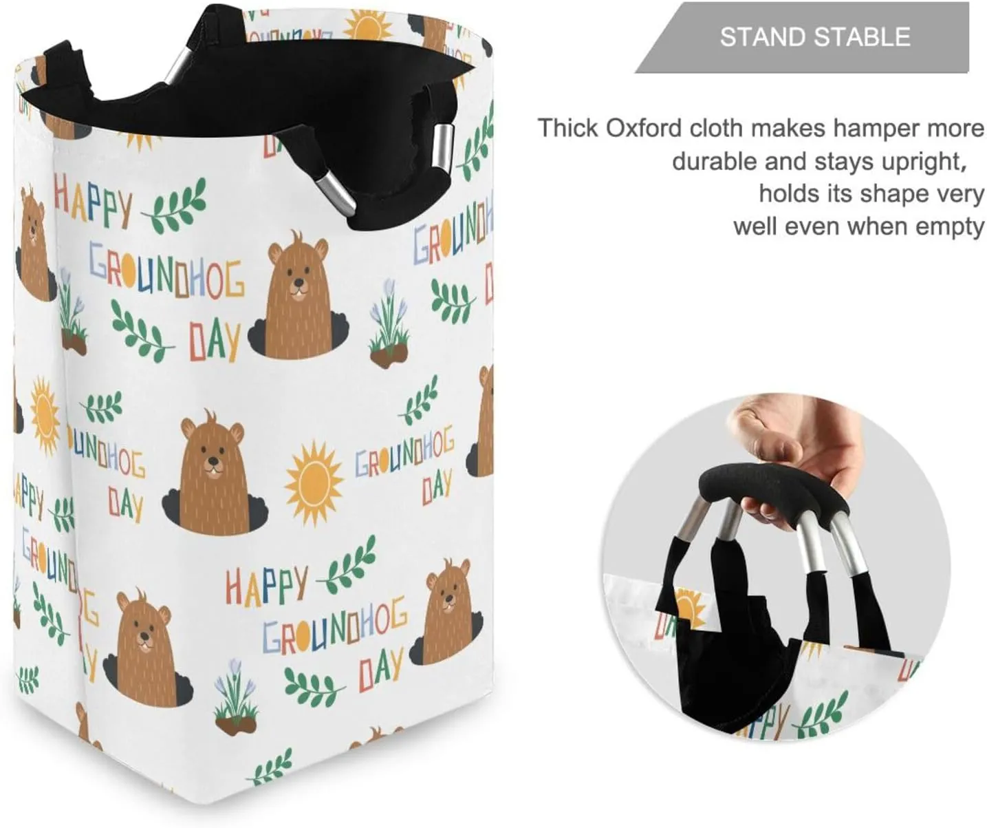 Cute Cartoon Groundhog Large Laundry Baskets Washing Hamper Bag Snowdrops Groundhog Day Dirty Clothes Storage Bin Toy book Clothing Holder With Handles For Home Bathroom Bedroom 50L
