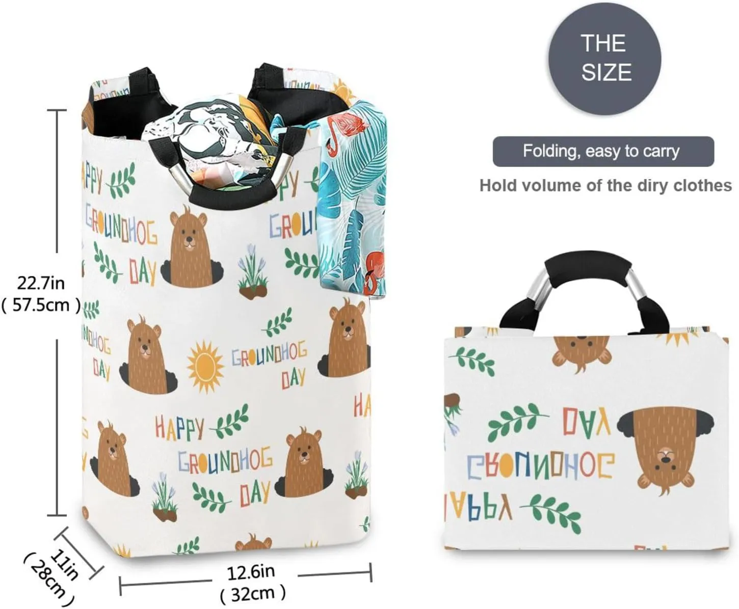 Cute Cartoon Groundhog Large Laundry Baskets Washing Hamper Bag Snowdrops Groundhog Day Dirty Clothes Storage Bin Toy book Clothing Holder With Handles For Home Bathroom Bedroom 50L