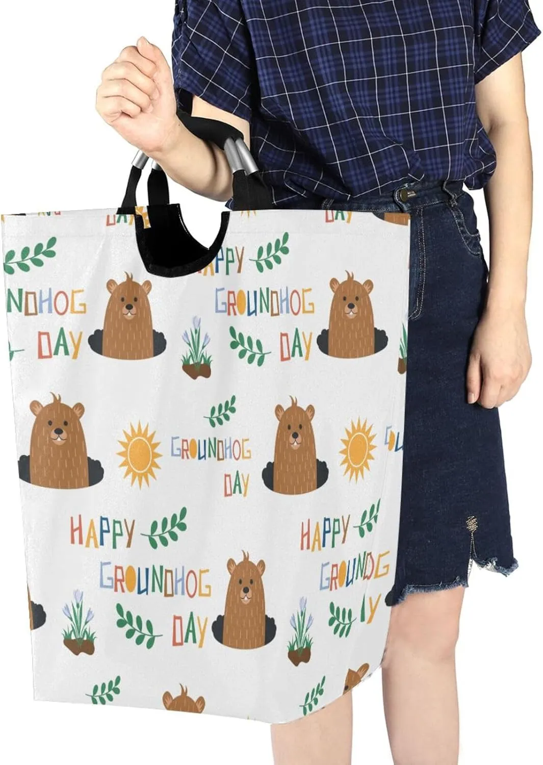 Cute Cartoon Groundhog Large Laundry Baskets Washing Hamper Bag Snowdrops Groundhog Day Dirty Clothes Storage Bin Toy book Clothing Holder With Handles For Home Bathroom Bedroom 50L