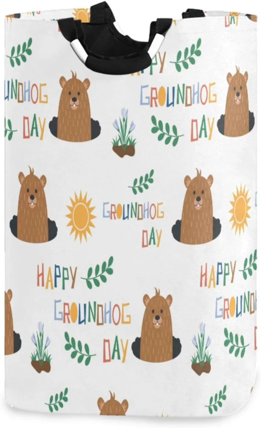 Cute Cartoon Groundhog Large Laundry Baskets Washing Hamper Bag Snowdrops Groundhog Day Dirty Clothes Storage Bin Toy book Clothing Holder With Handles For Home Bathroom Bedroom 50L