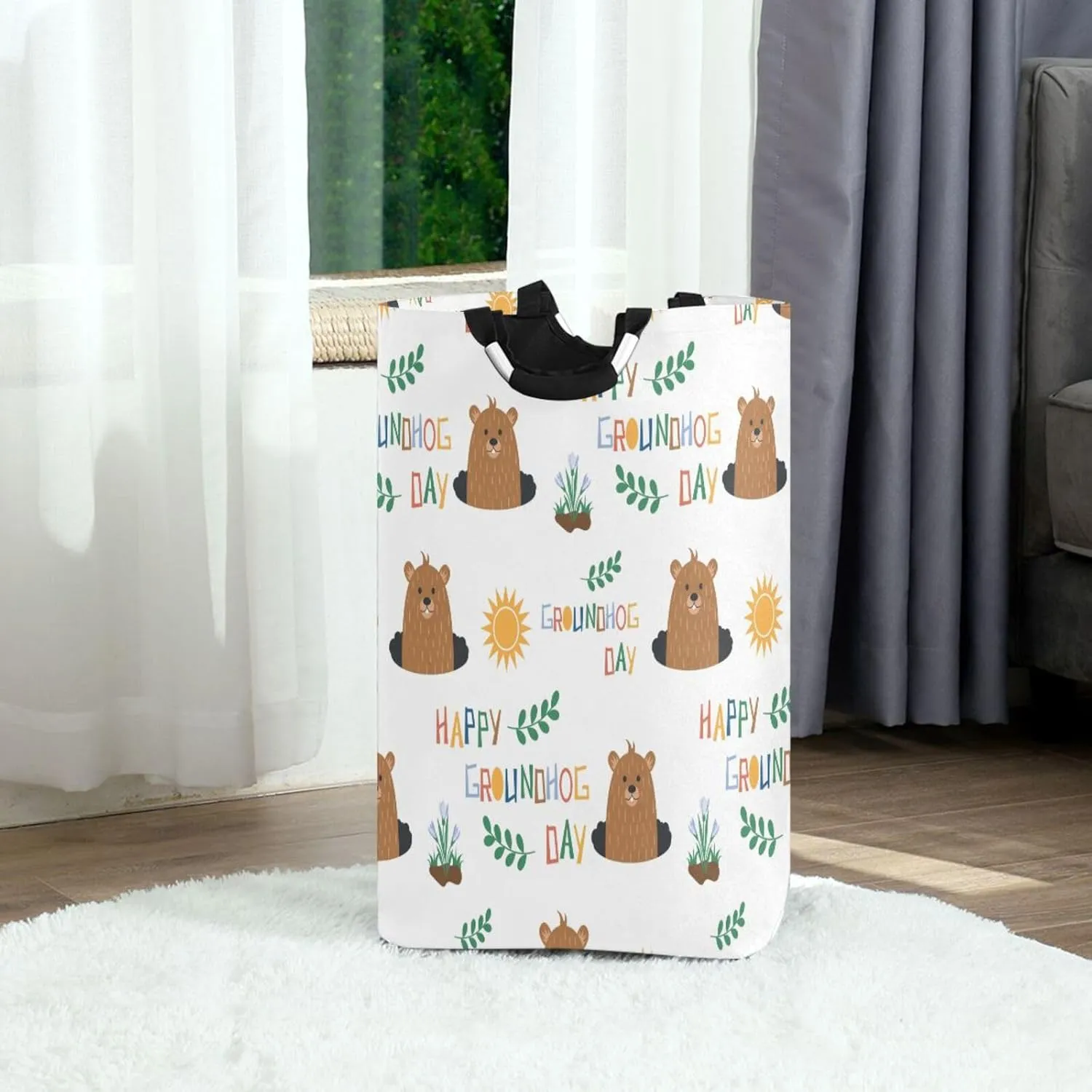Cute Cartoon Groundhog Large Laundry Baskets Washing Hamper Bag Snowdrops Groundhog Day Dirty Clothes Storage Bin Toy book Clothing Holder With Handles For Home Bathroom Bedroom 50L