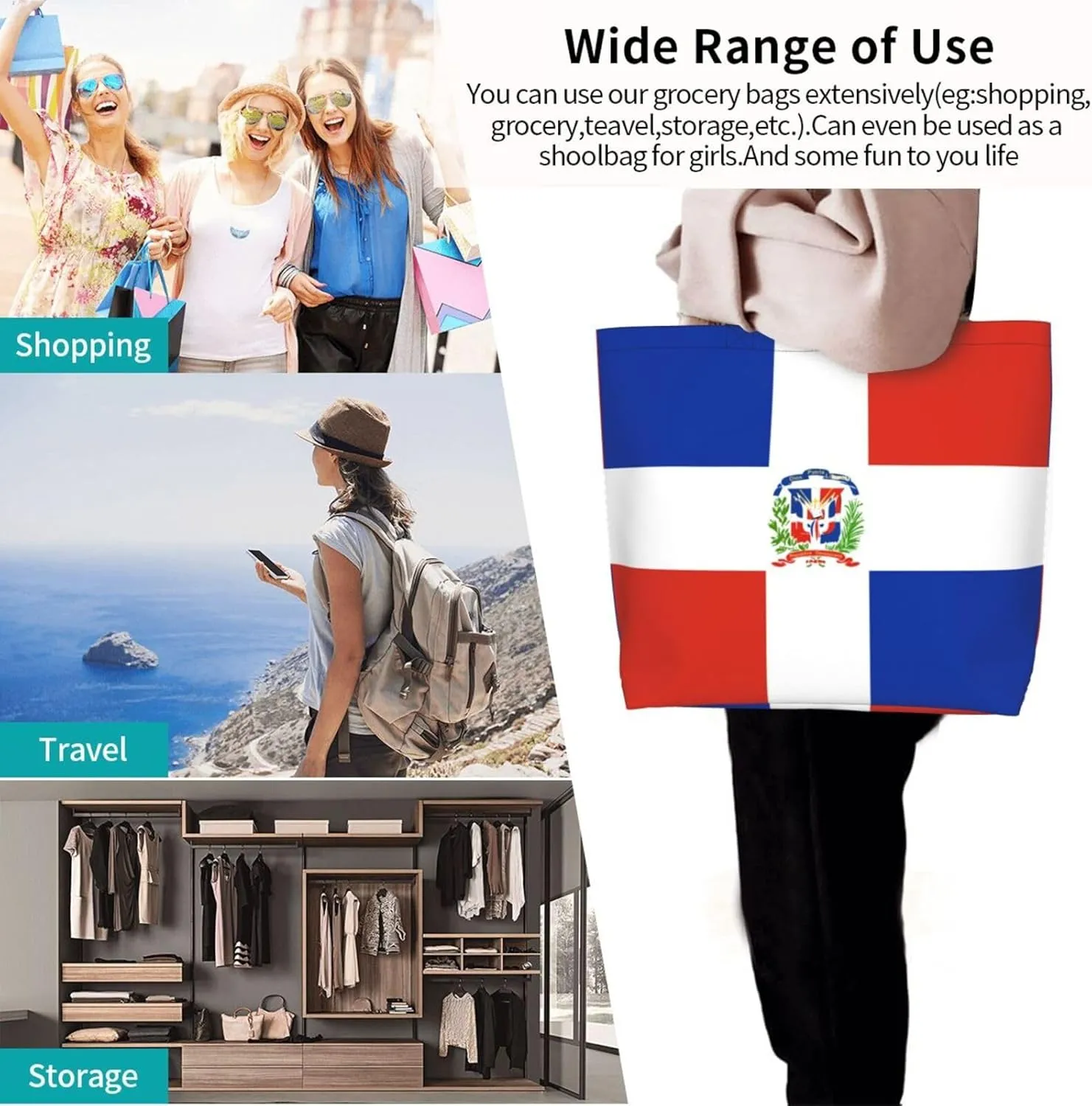 Cute Flag Large Tote Bag For Women Men Reusable Grocery Bag Shopping Shoulder Bag For Travel Work Beach Gym