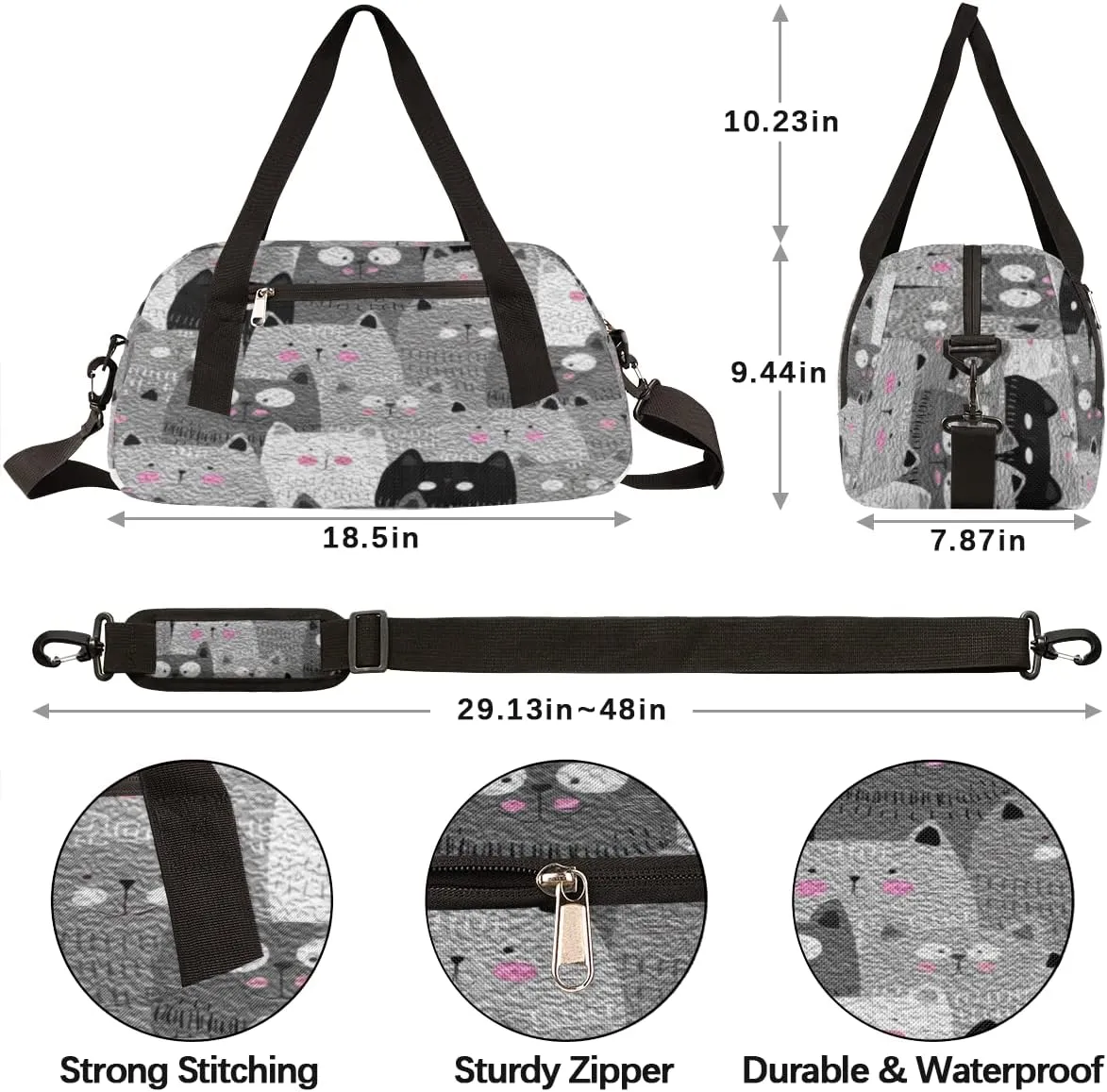 Cute Grey Cats Kids Duffel Bag for Girls Boys Teens, Cats Oil Painting Dance Bag Overnight Small Duffel Bag Carry On Weekend Sports Gym Travel Bag for School Practice Gymnastics Ballet