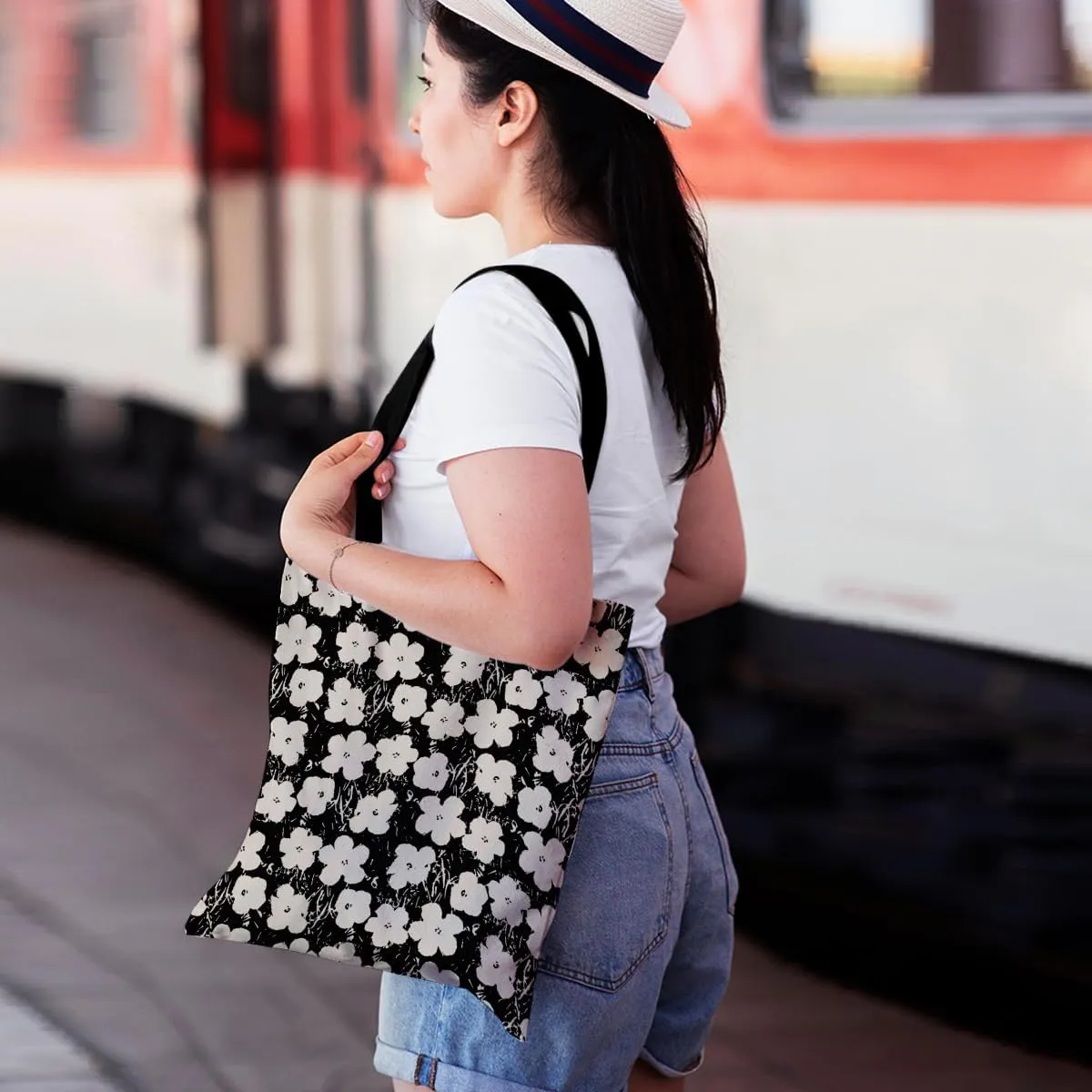 Cute Tote Bag for Women Floral Cat Gifts Boho Butterfly Forest Animals Reusable Grocery Bags Cat Lover Gifts