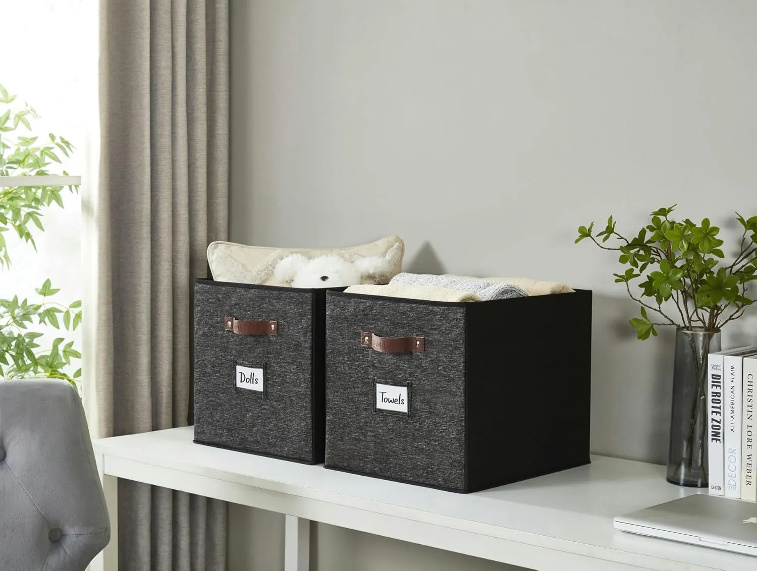 DECOMOMO Storage Baskets, 13x15x13 Storage Cube Bins with Labels for Organizing Shelves Kallax (Kallax / 4pcs, Black Pattern)