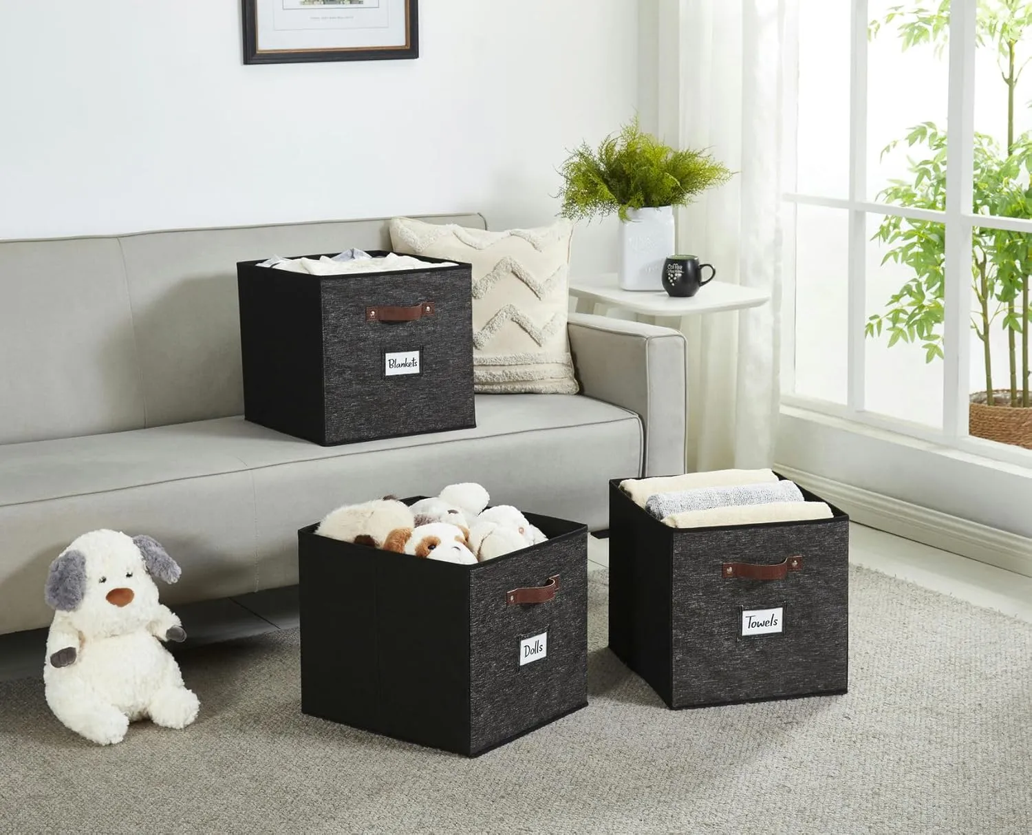 DECOMOMO Storage Baskets, 13x15x13 Storage Cube Bins with Labels for Organizing Shelves Kallax (Kallax / 4pcs, Black Pattern)