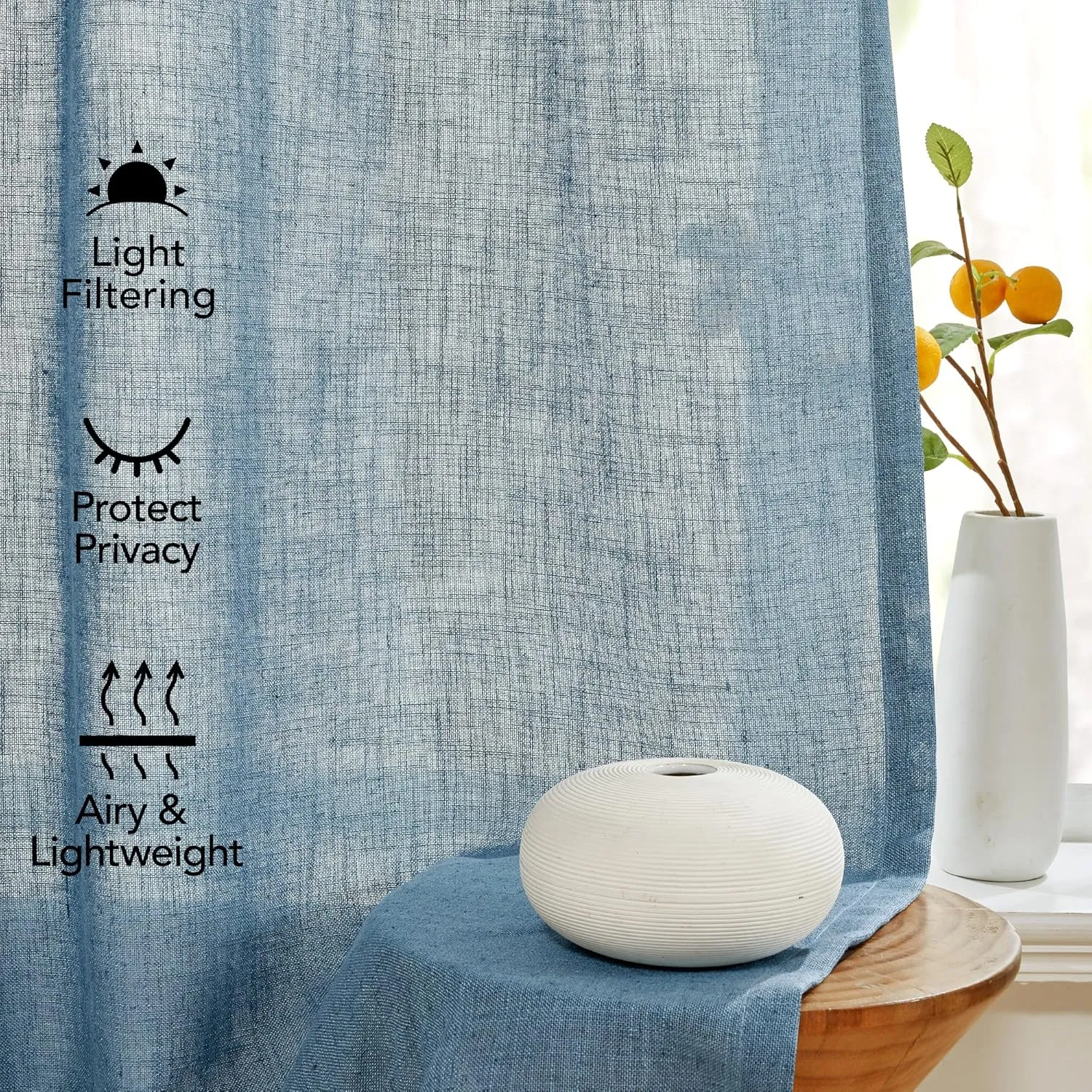Deconovo Semi-Sheer Linen Curtains – Light Filtering & Privacy Enhancing – Modern Textured Drapes with Back Tab & Rod Pocket – 2 Panels for Living Room, Bedroom & Patio, Blue, 40Wx95L