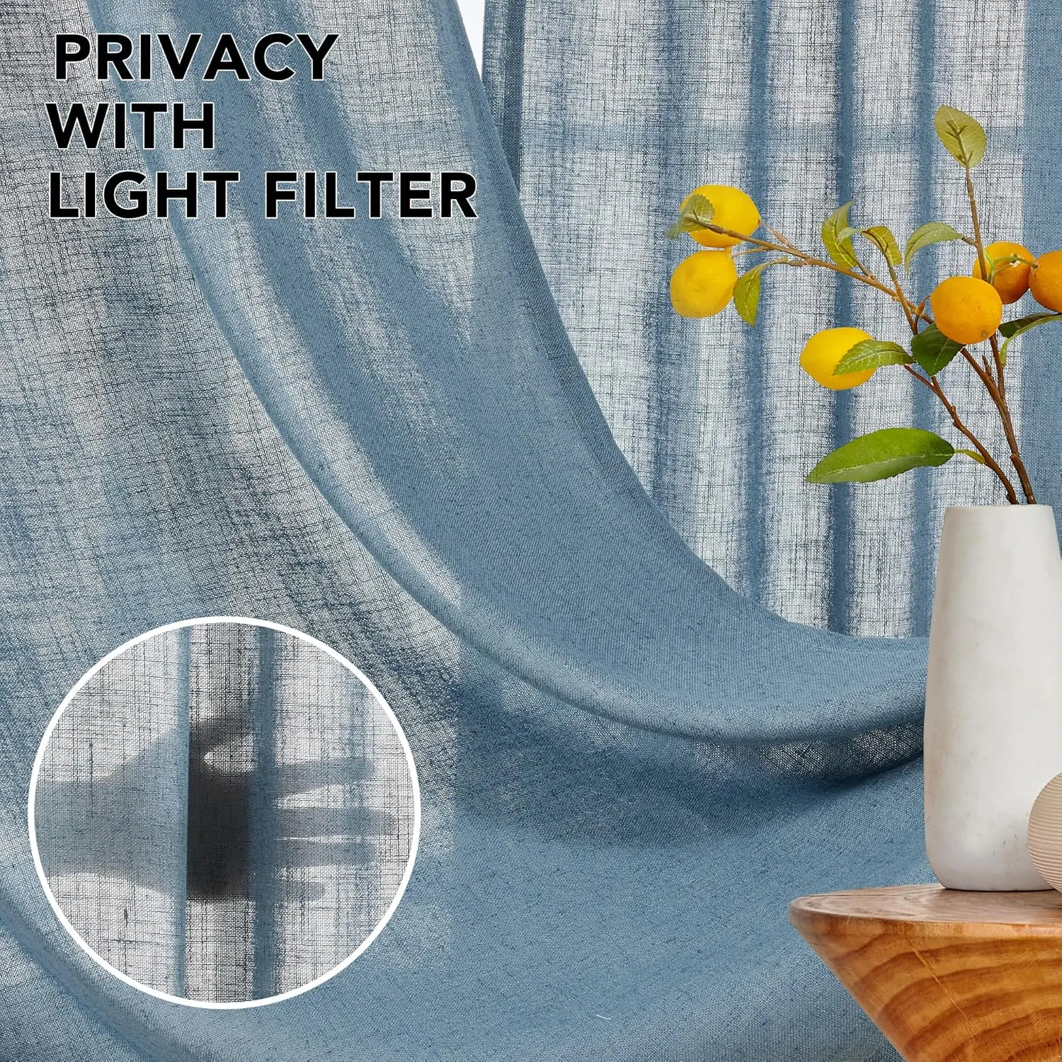 Deconovo Semi-Sheer Linen Curtains – Light Filtering & Privacy Enhancing – Modern Textured Drapes with Back Tab & Rod Pocket – 2 Panels for Living Room, Bedroom & Patio, Blue, 40Wx95L