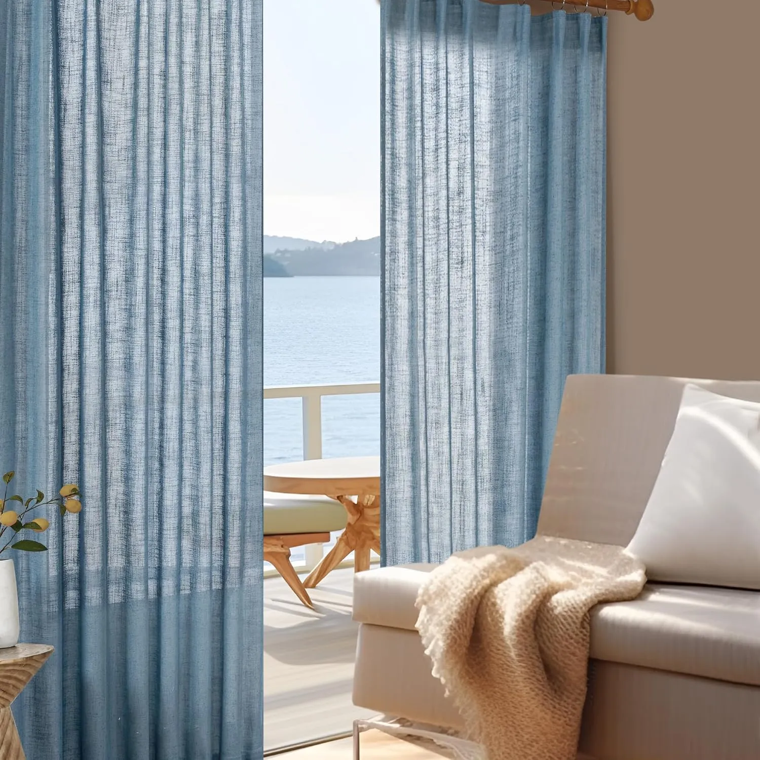 Deconovo Semi-Sheer Linen Curtains – Light Filtering & Privacy Enhancing – Modern Textured Drapes with Back Tab & Rod Pocket – 2 Panels for Living Room, Bedroom & Patio, Blue, 40Wx95L