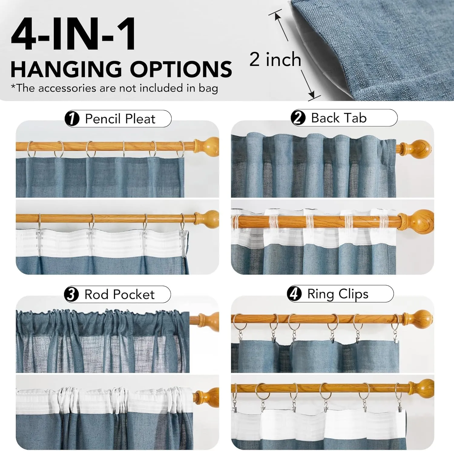 Deconovo Semi-Sheer Linen Curtains – Light Filtering & Privacy Enhancing – Modern Textured Drapes with Back Tab & Rod Pocket – 2 Panels for Living Room, Bedroom & Patio, Blue, 40Wx95L