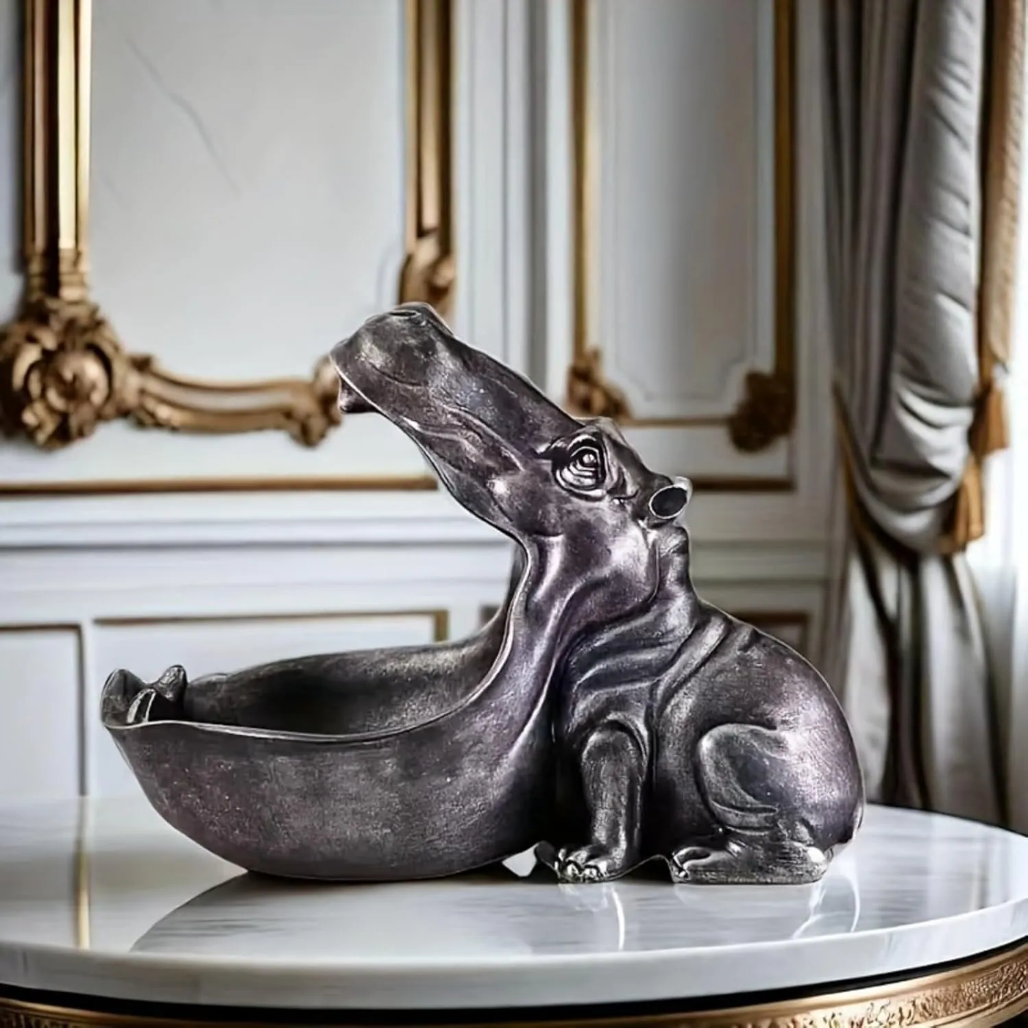 Decorative Hippo Storage Bowl, 11.8 x 8.7 x 6.1 inches, Resin Candy Dish Key Holder, Gold or Black (Ironed)